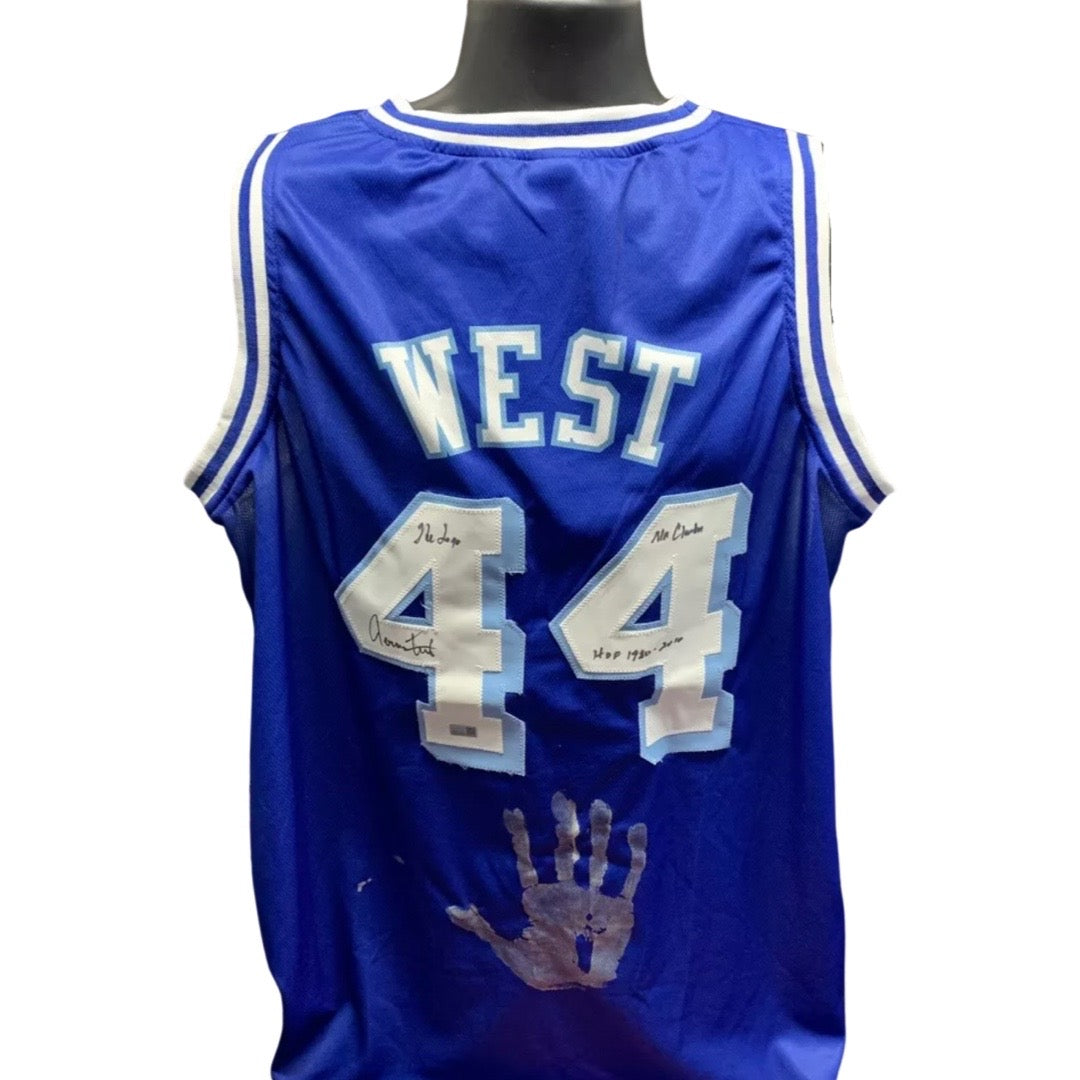 Jerry West Autographed Los Angeles Lakers Blue Jersey w/ Handprint The Logo, Mr Clutch, HOF 1980-2010 Inscriptions Steiner CX