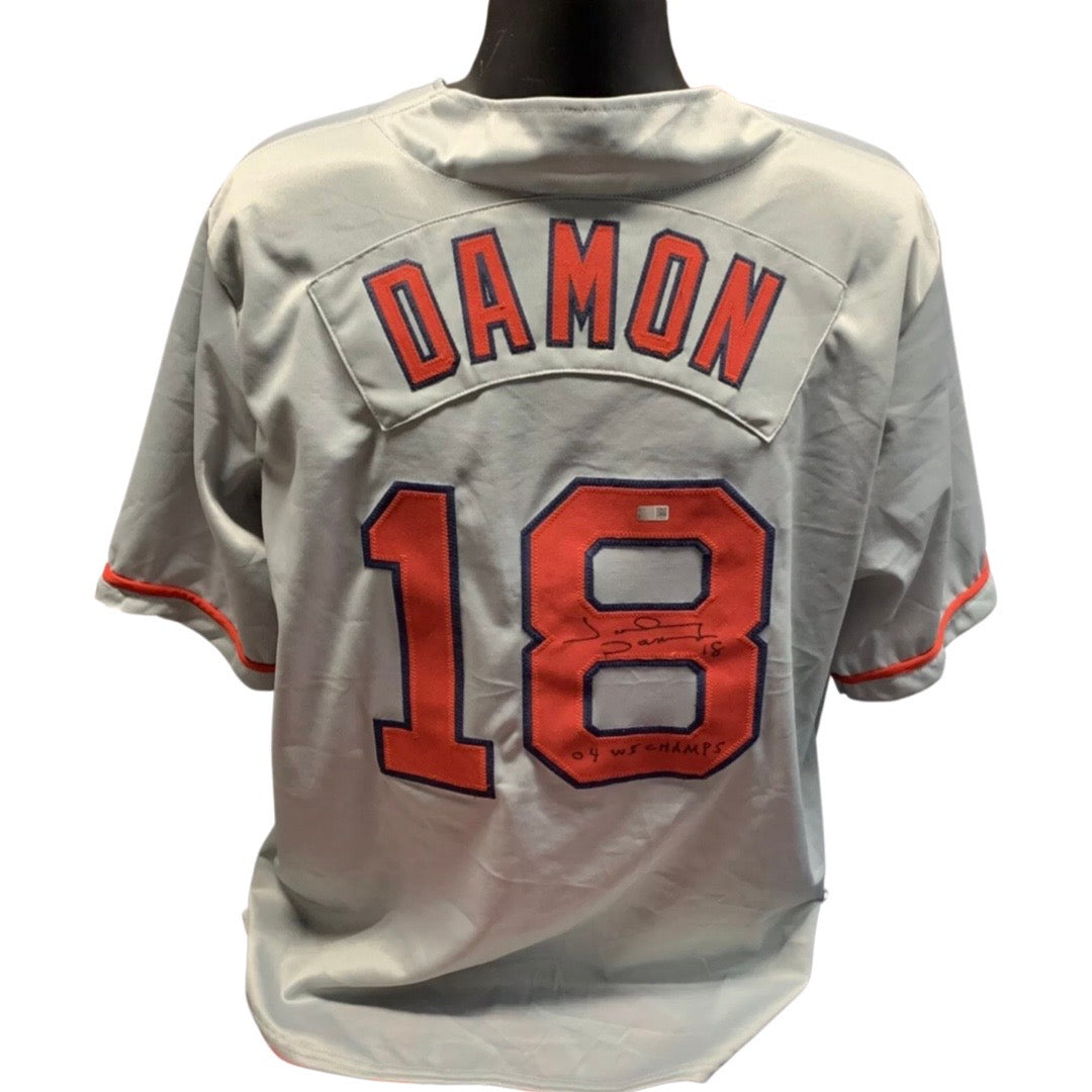 Johnny Damon Autographed Boston Red Sox Grey Jersey 04 WS Champs Inscription Steiner CX