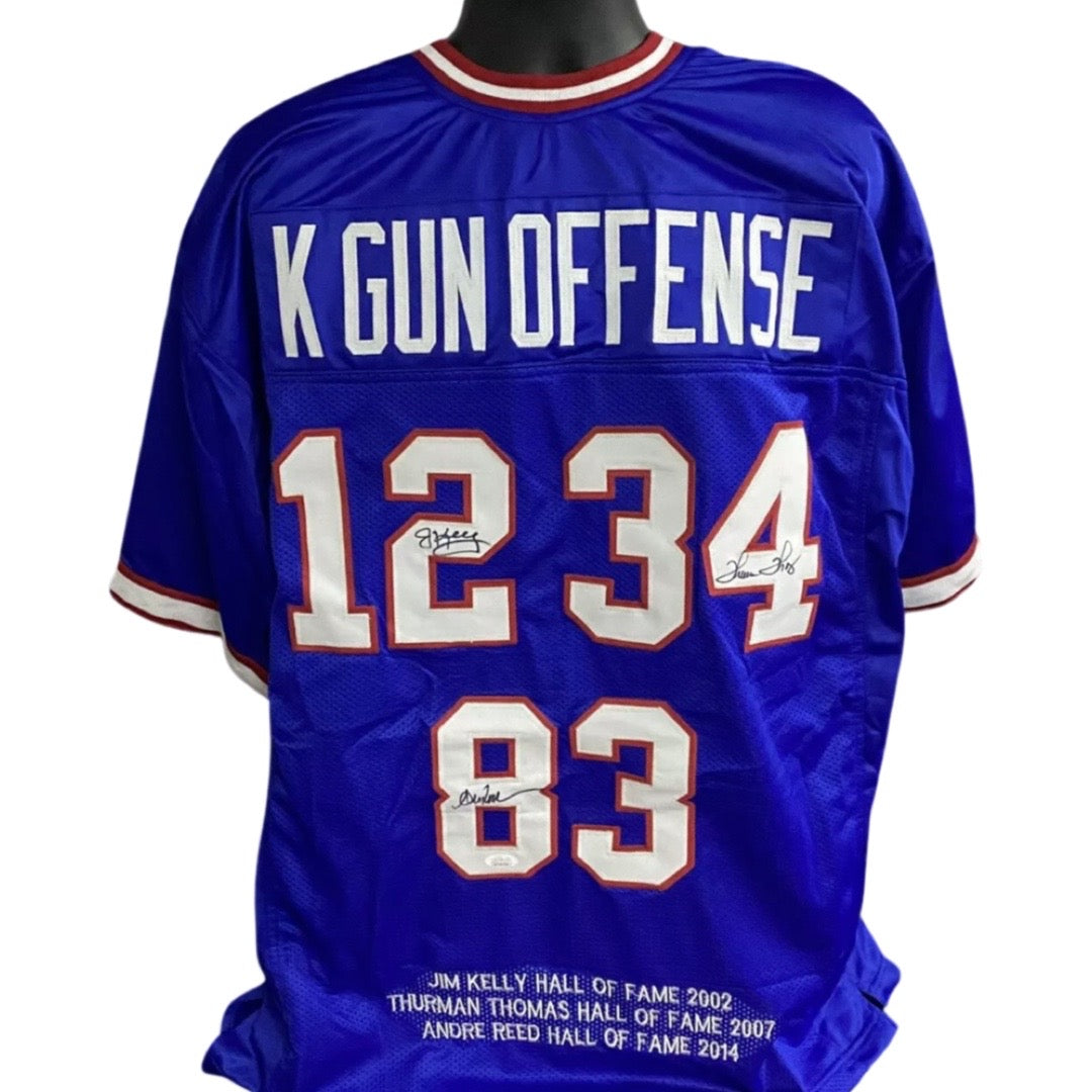 Jim Kelly, Thurman Thomas & Andre Reed Autographed Buffalo Bills K Gun Offense Blue Jersey JSA