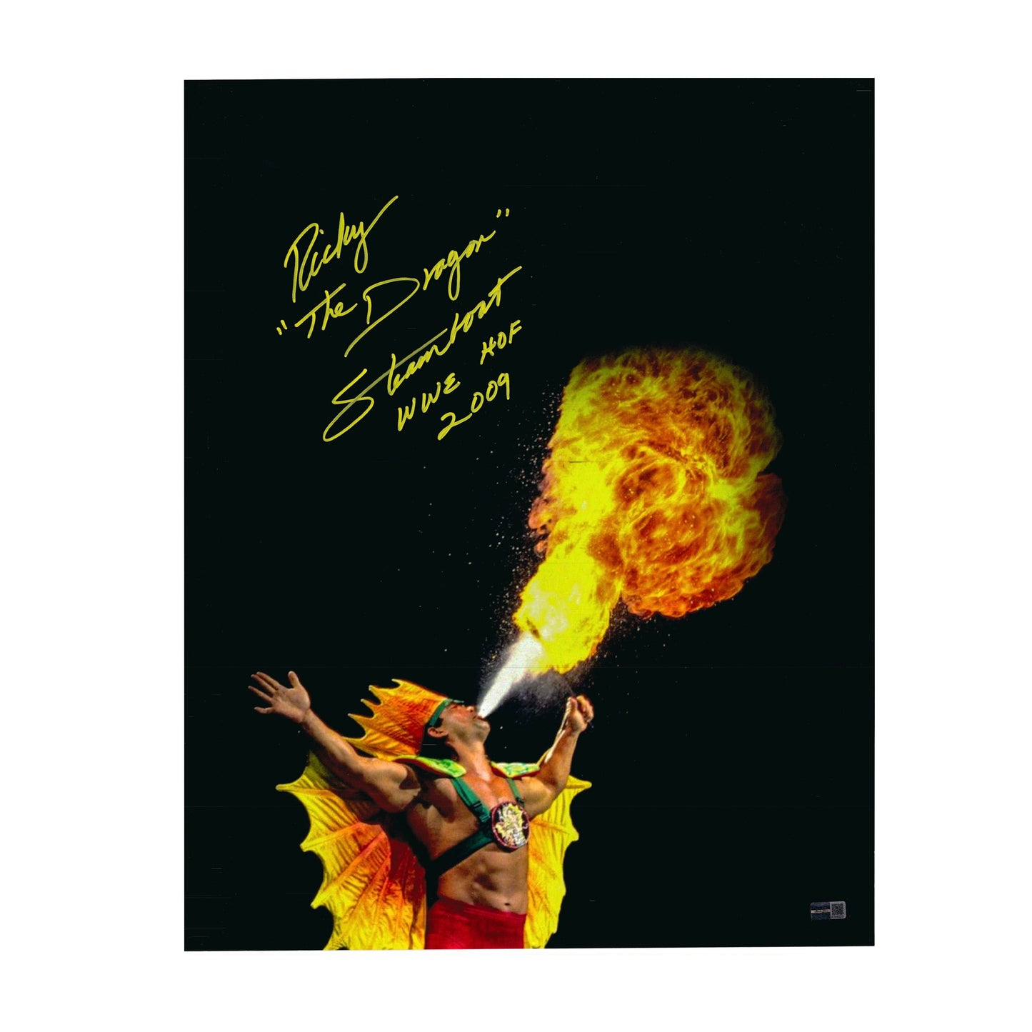 Ricky Steamboat Autographed Vertical 16x20 The Dragon, WWE HOF 2009 Inscriptions Yellow Ink Steiner CX