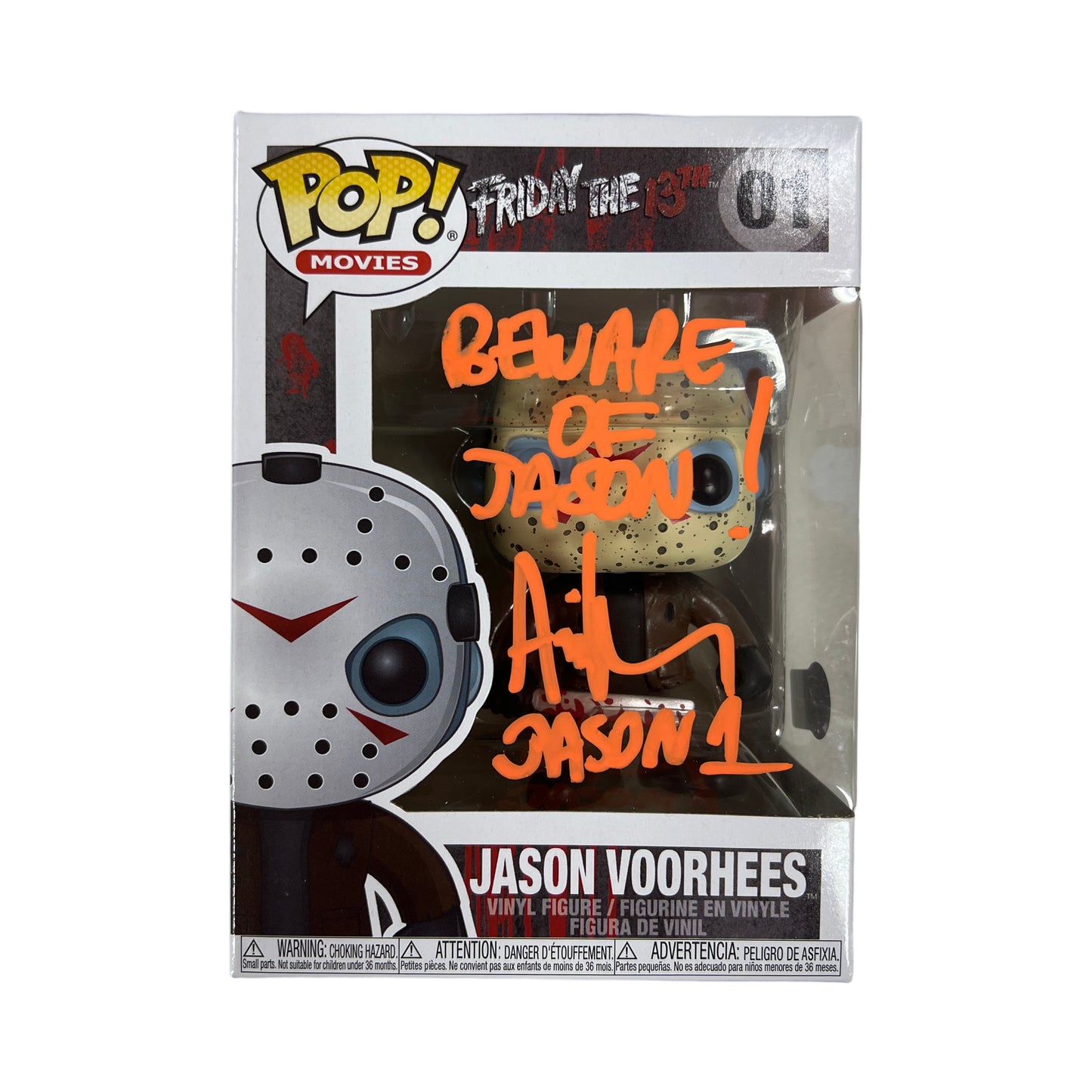 Ari Lehman Autographed Jason Voorhees Friday the 13th Funko Pop #01 “Beware Of Jason!" Inscription Orange Ink Beckett