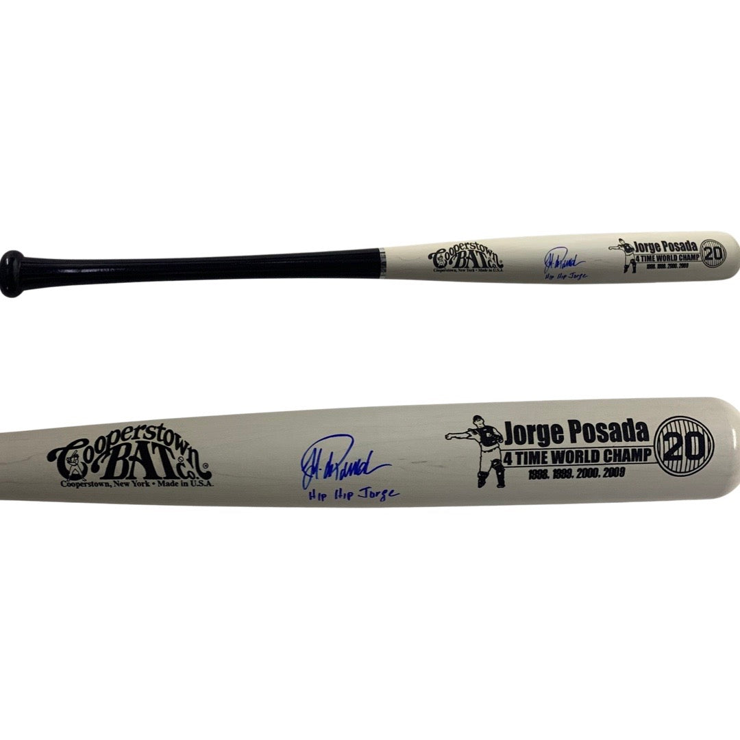 Jorge Posada Autographed New York Yankees White Barrel Cooperstown Bat Catching Hip Hip Jorge Inscription JSA