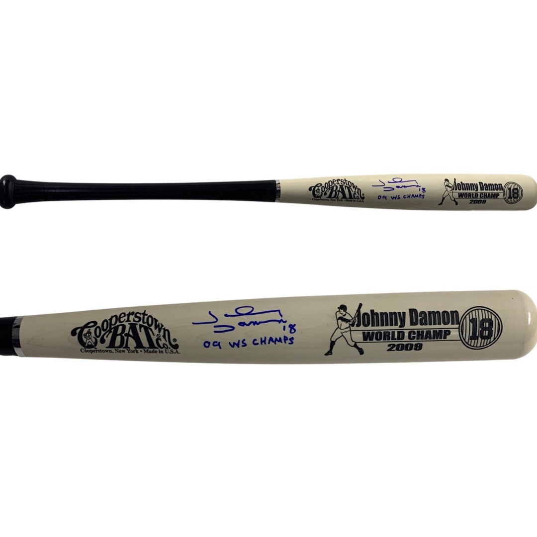 Johnny Damon Autographed New York Yankees White Barrel Cooperstown Bat 09 WS Champs Inscription Steiner CX