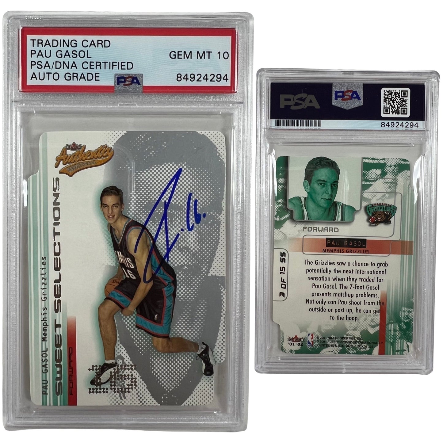 2001-02 Pau Gasol Fleer Authentix Sweet Selections Rookie Card #3 Autographed PSA Auto GEM MINT 10