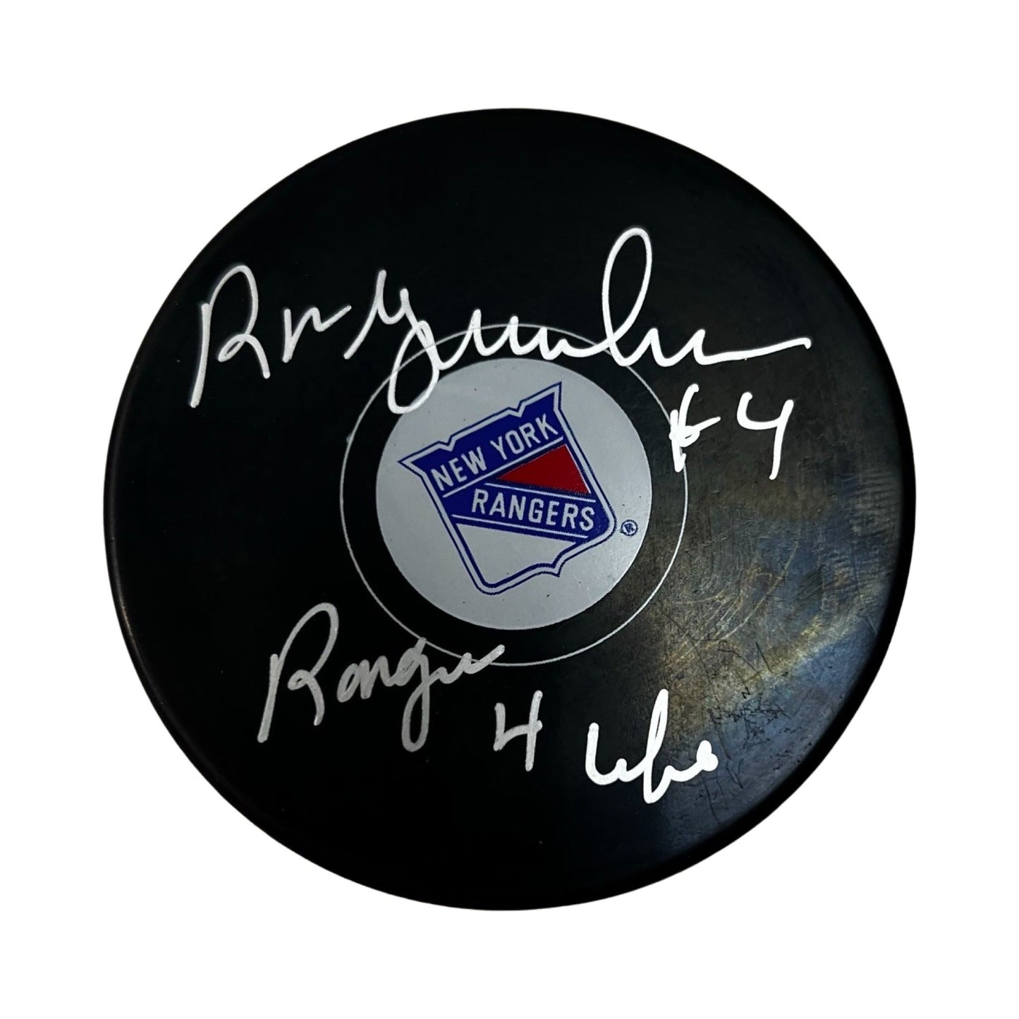 Ron Greschner Autographed New York Rangers Replica Puck Ranger 4 Life Inscription Steiner CX