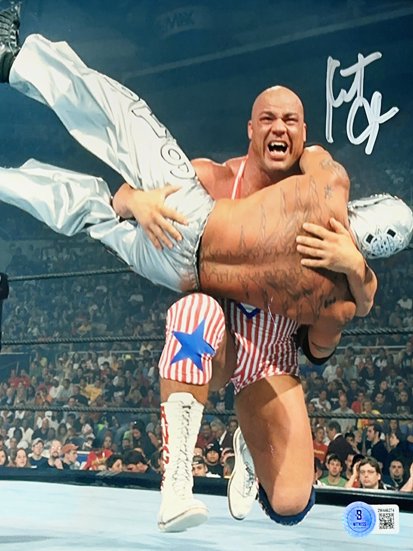 Kurt Angle Autographed Back Breaker on Mysterio 8x10 Beckett