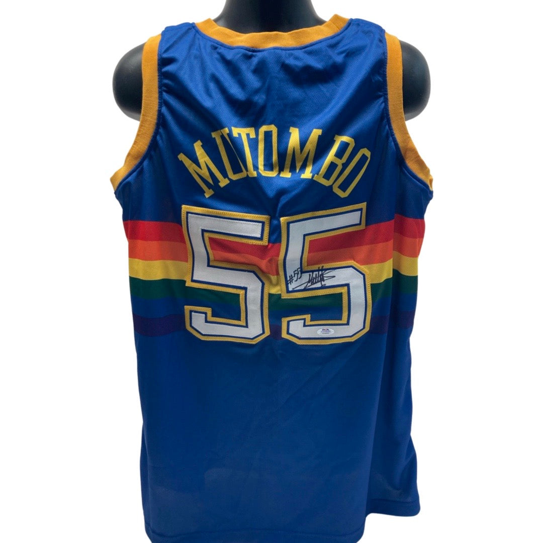 Dikembe Mutombo Autographed Denver Nuggets Blue Rainbow Jersey PSA
