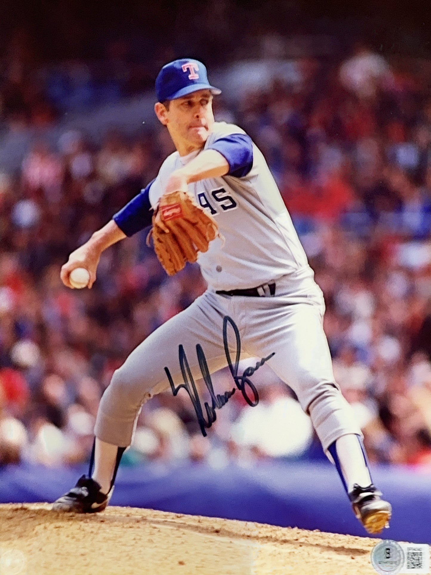 Nolan Ryan Autographed Texas Rangers Pitching Step Vertical 8x10 Beckett