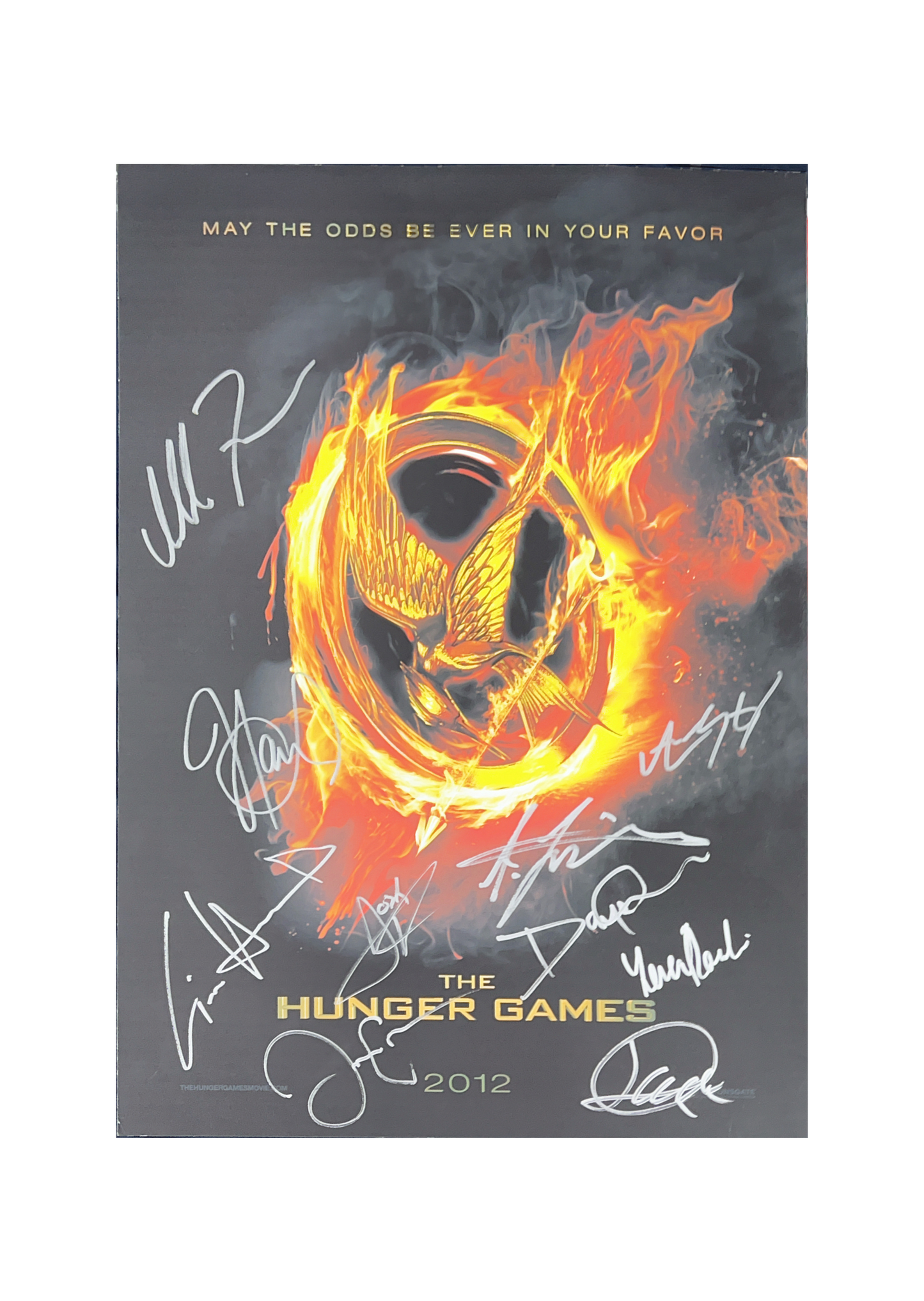 Jennifer Lawrence, Liam Hemsworth, Josh Hutcherson, Jack Quaid, Leven Rambin, Isabelle Fuhrman, Alexander Ludwig, Jacqueline Emerson, Amandla Stenberg, Dayo Okeniyi Autographed Hunger Games Full Cast 14x20 JSA