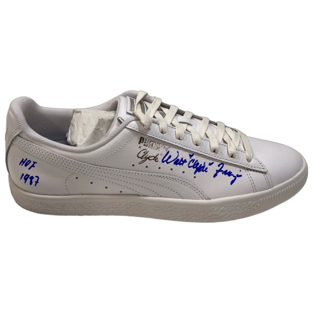 Walt Clyde Frazier Autographed New York Knicks White Puma Sneaker Clyde, HOF 1987 Inscriptions Steiner CX