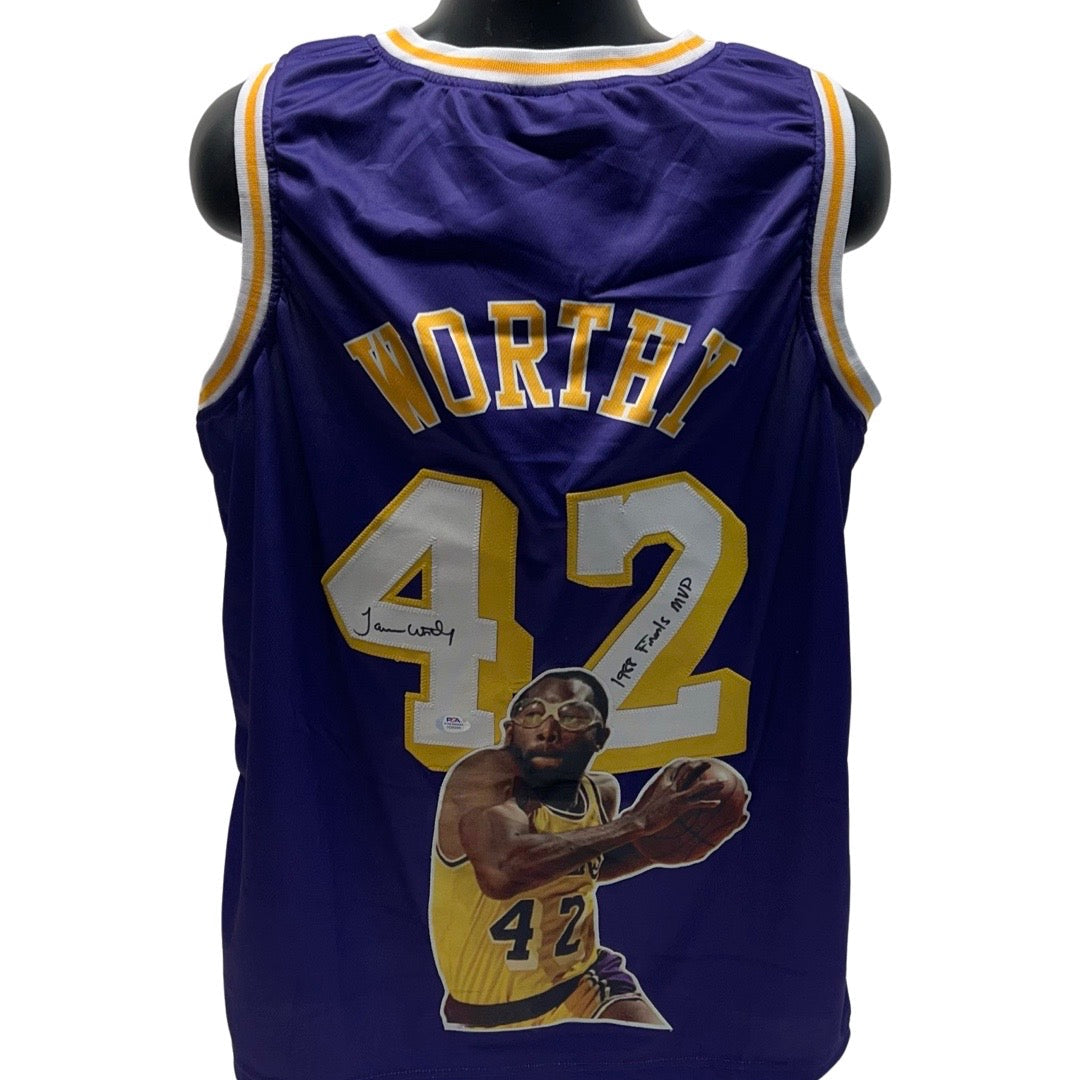James Worthy Autographed Los Angeles Lakers Purple Art Jersey 1988 Finals MVP Inscription PSA