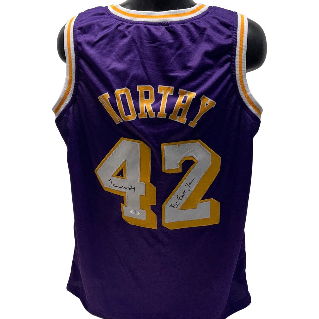 James Worthy Autographed Los Angeles Lakers Purple Jersey Big Game James Inscription PSA