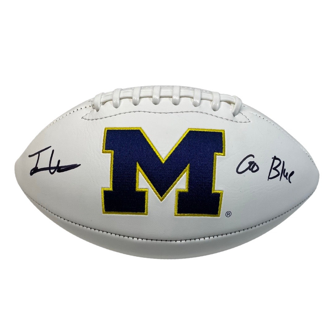 Josh Uche Autographed Michigan Wolverines White Panel Logo Football Go Blue Inscription Steiner CX