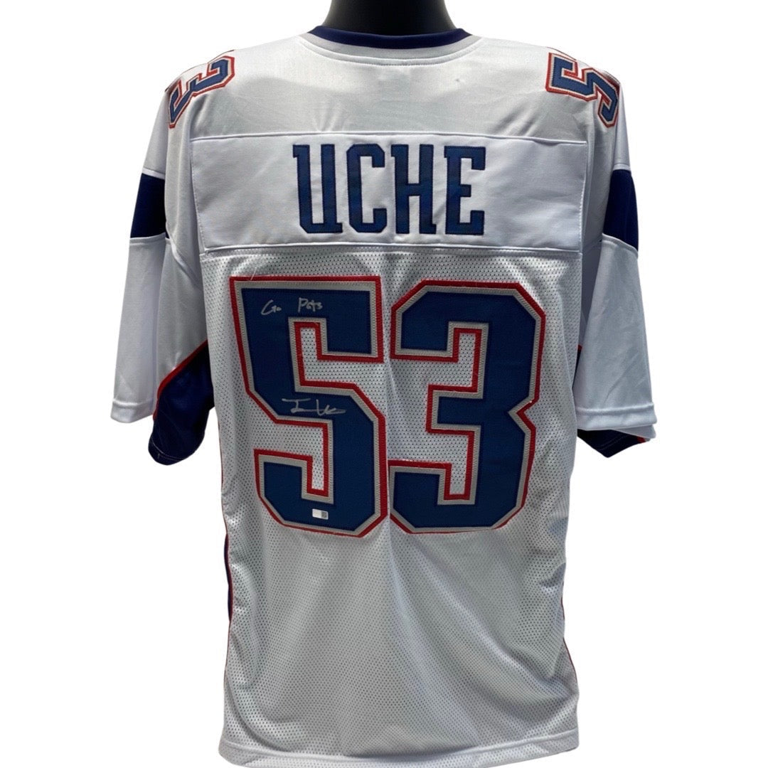 Josh Uche Autographed New England Patriots White Jersey Go Pats Inscription Steiner CX