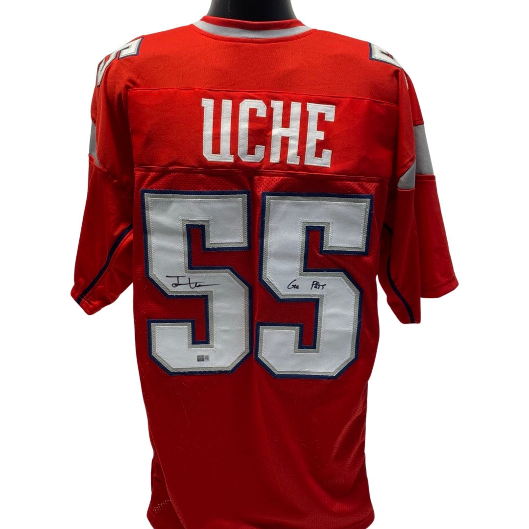Josh Uche Autographed New England Patriots Red Jersey “Go Pats” Inscription Steiner CX