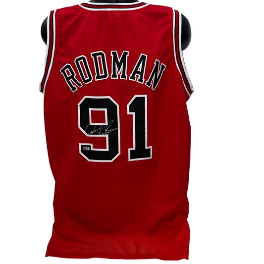 Dennis Rodman Autographed Chicago Bulls Red Jersey Steiner