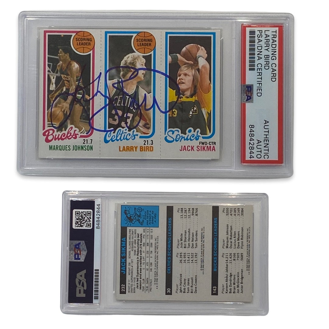 1980-81 Larry Bird Autographed Topps Scoring Leader Blue Ink Johnson, Bird, Sikma PSA Auto Authentic