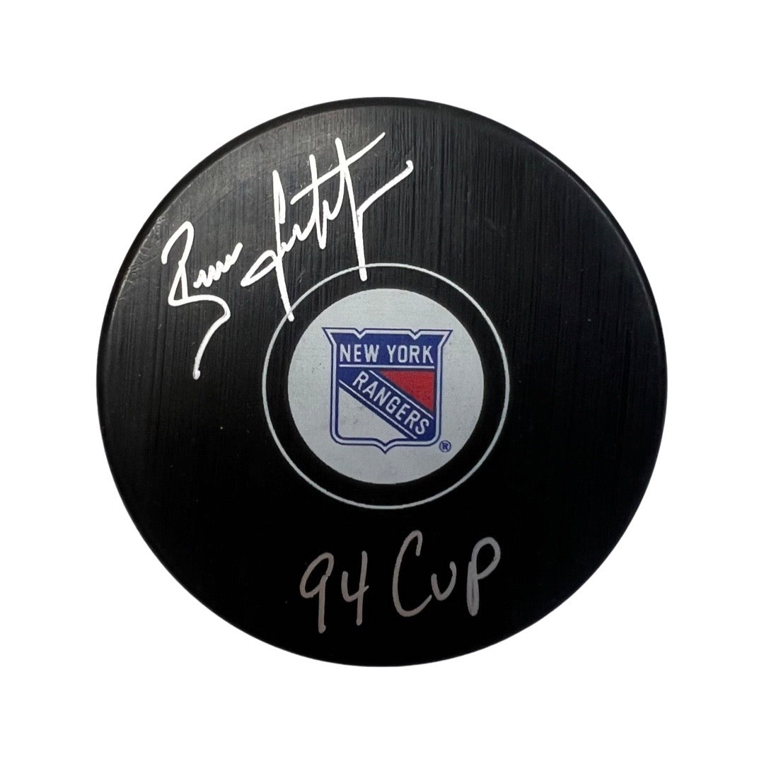 Brian Leetch Autographed New York Rangers Logo Puck 94 Cup Inscription Steiner CX