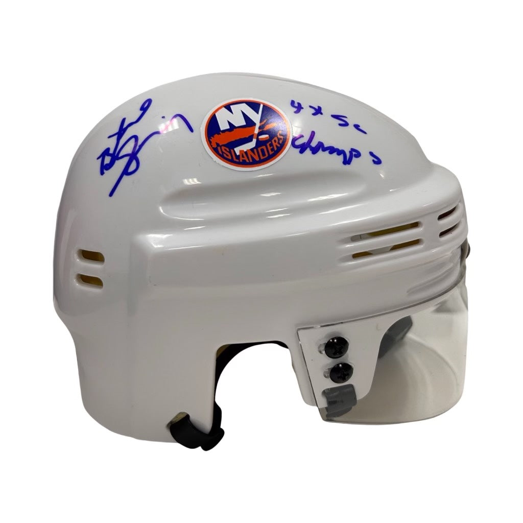 Butch Goring Autographed New York Islanders White Mini Helmet 4x SC Champs Inscription Steiner CX