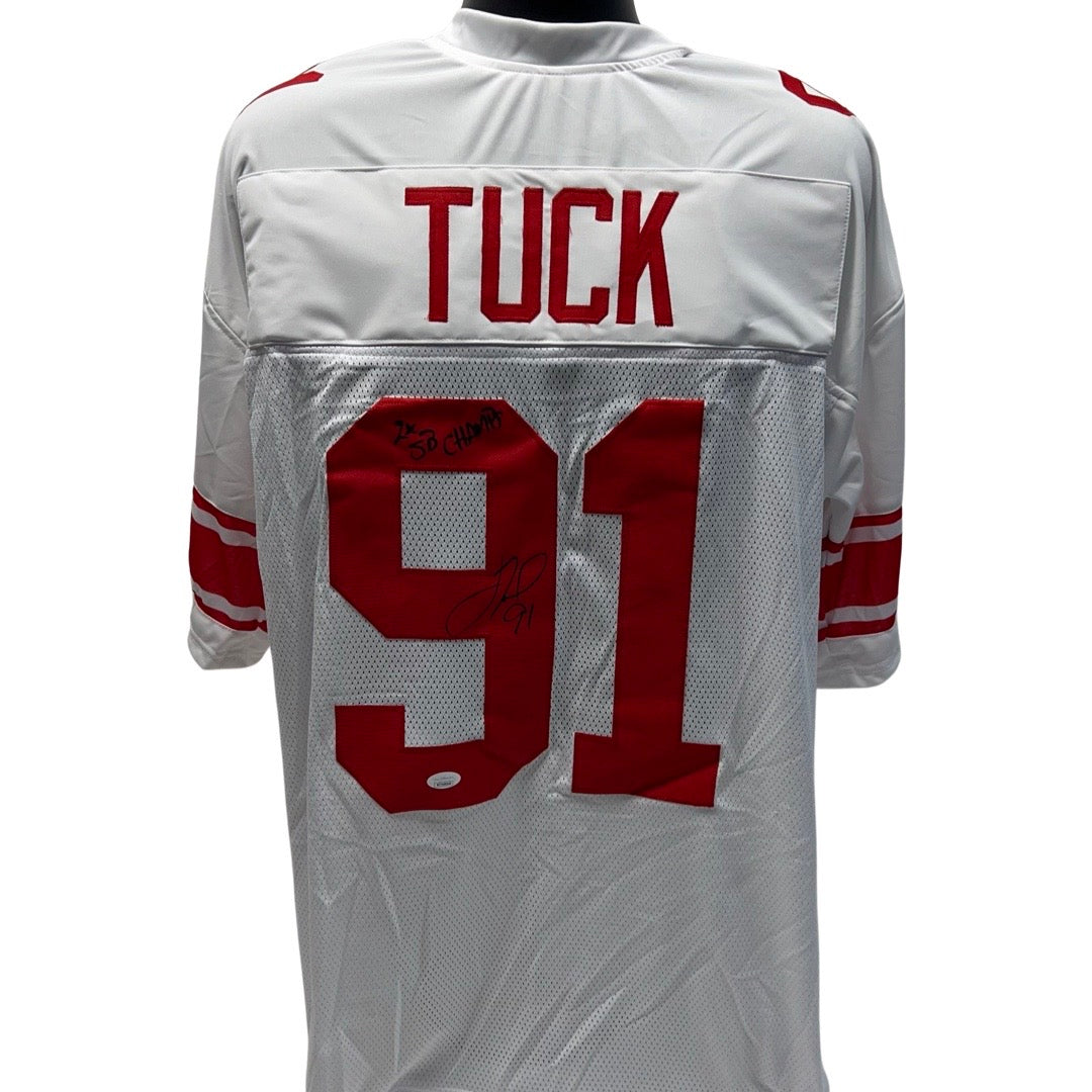 Justin Tuck Autographed New York Giants White Jersey 2x SB Champs Inscription JSA