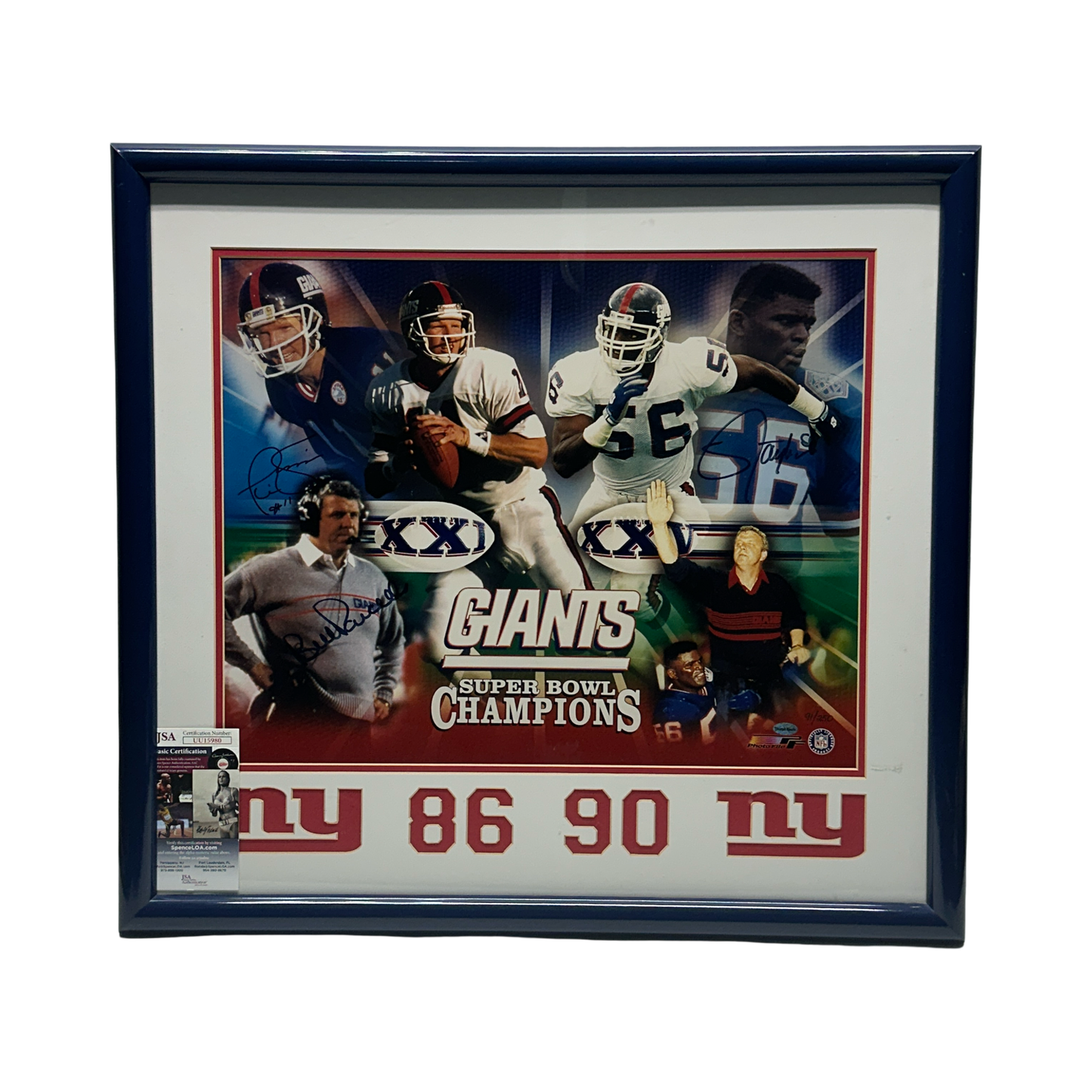 Lawrence Taylor Phil Simms Bill Parcells Autographed New York Giants 91/250 26x24 JSA - Framed