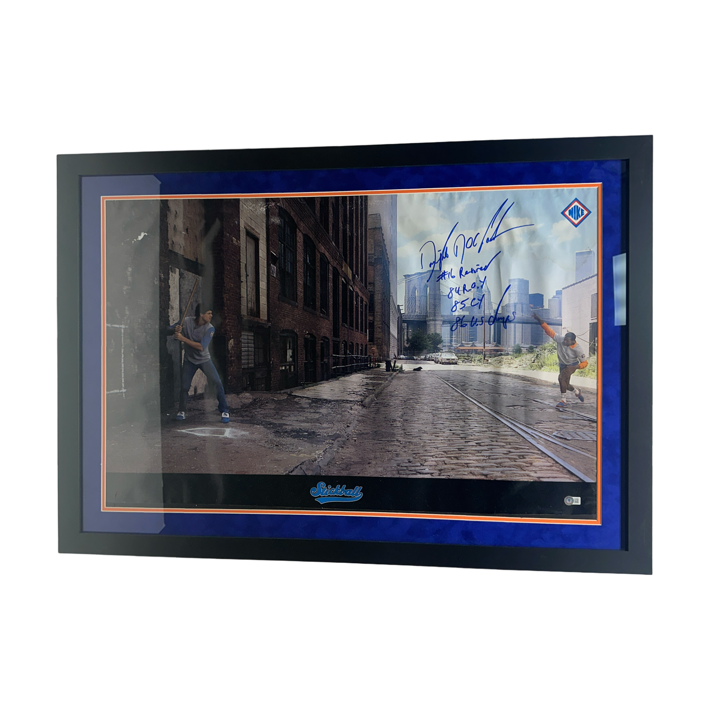 Doc Gooden Autographed New York Mets Nike Stickball Ad 28x40 Photo “84 ROY, 85 Cy, 86 WS Champs” Inscriptions Steiner CX - Framed