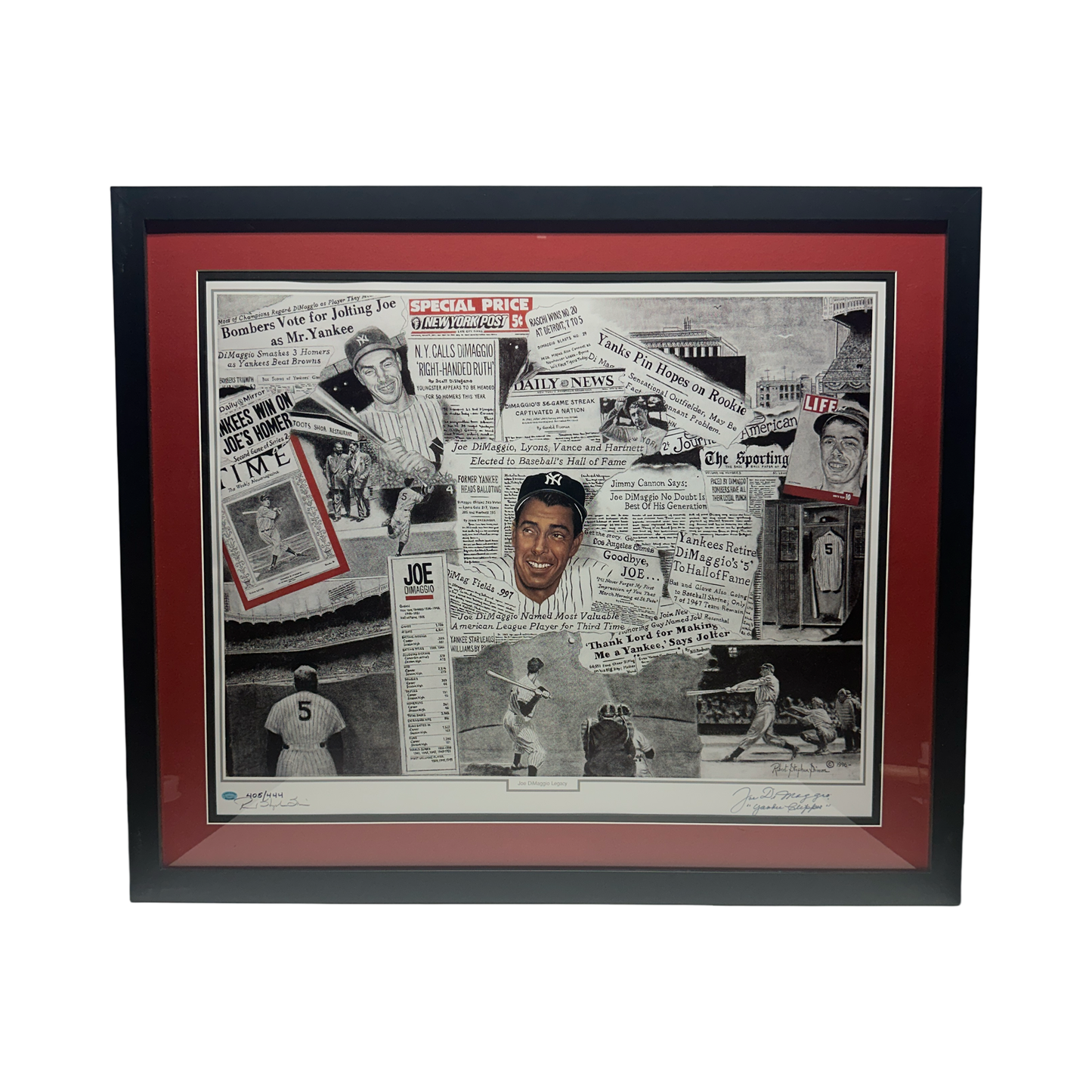 Joe DiMaggio Autographed New York Yankees Newspaper Collage Inscribed 405/444 33x40 Yankee Clipper Enterprises