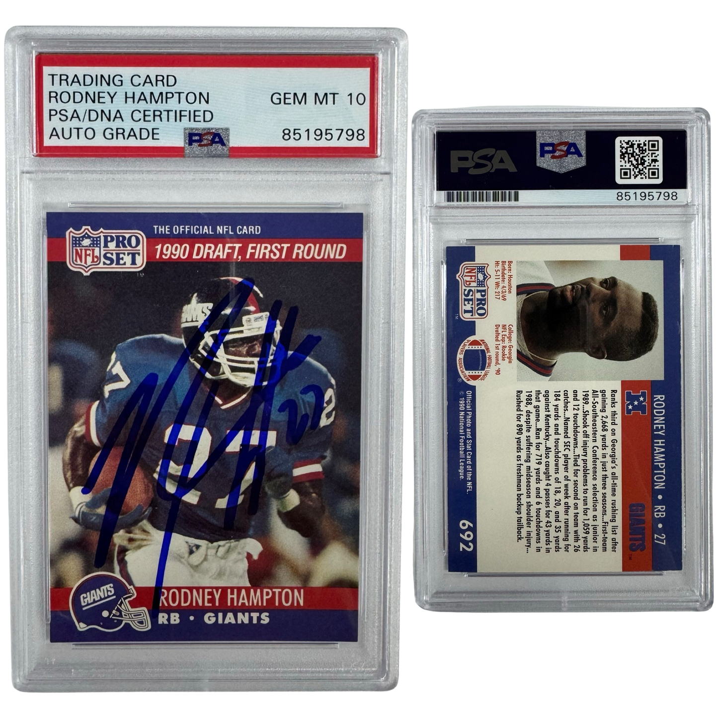 1990 Rodney Hampton NFL Pro Set Rookie Card #692 Autographed PSA Auto GEM MT 10