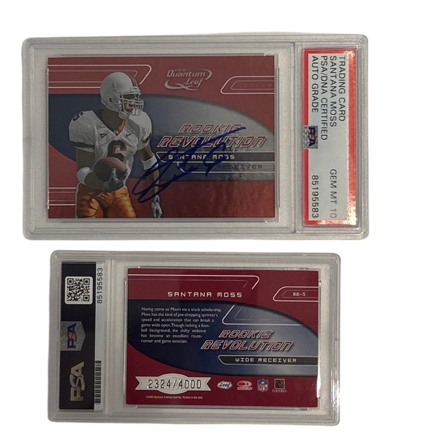2001 Santana Moss Donruss Quantum Leaf Rookie Revolution /4000 #RR-5 PSA GEM MT 10 Auto