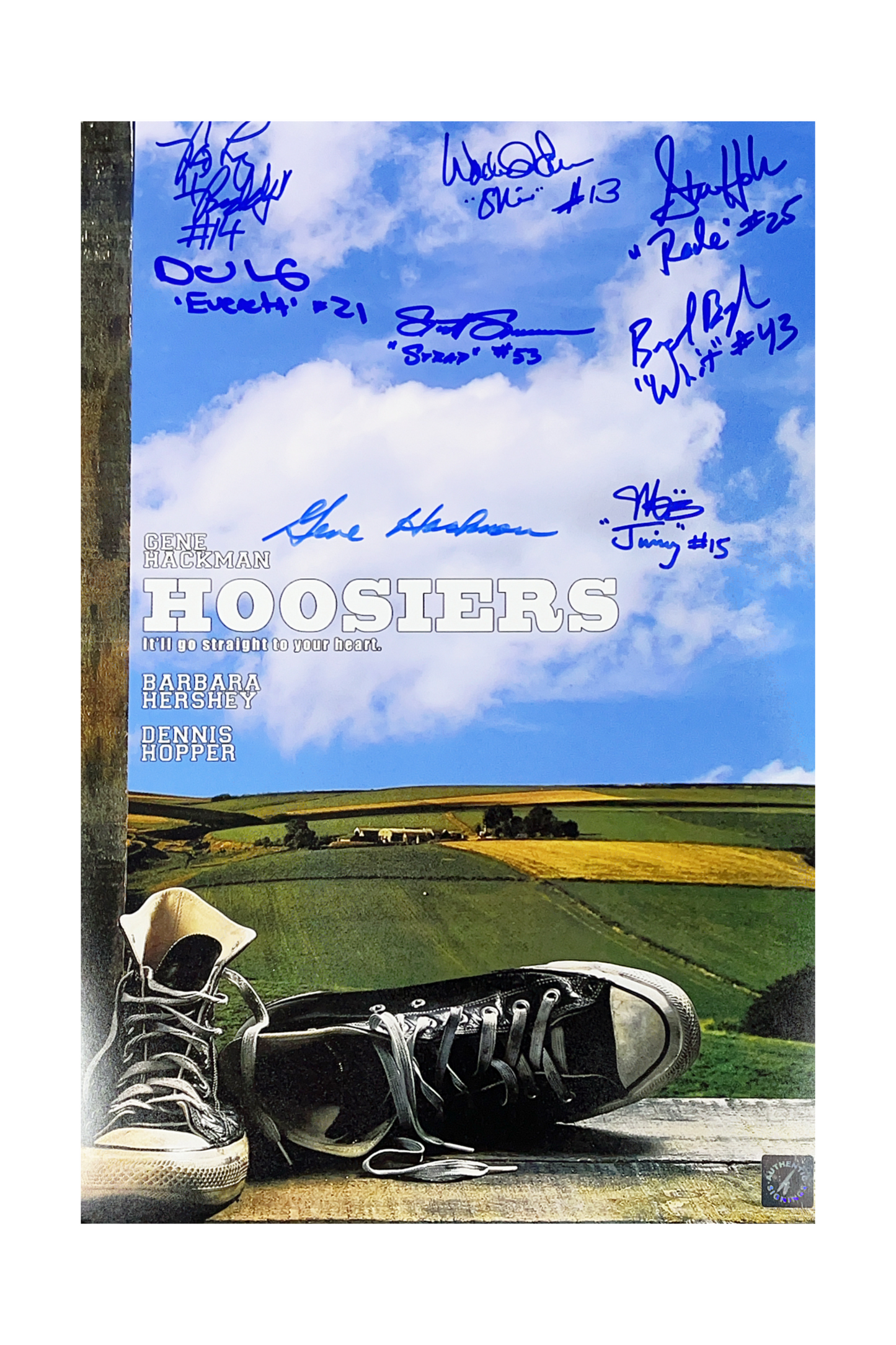 Gene Hackman, Maris Valainis, Steve Hollar, Wade Schenck, David Neidorf, Brad Boyle, Brad Long & Scott Summers Autographed Hoosiers Cast 11x17 ASI