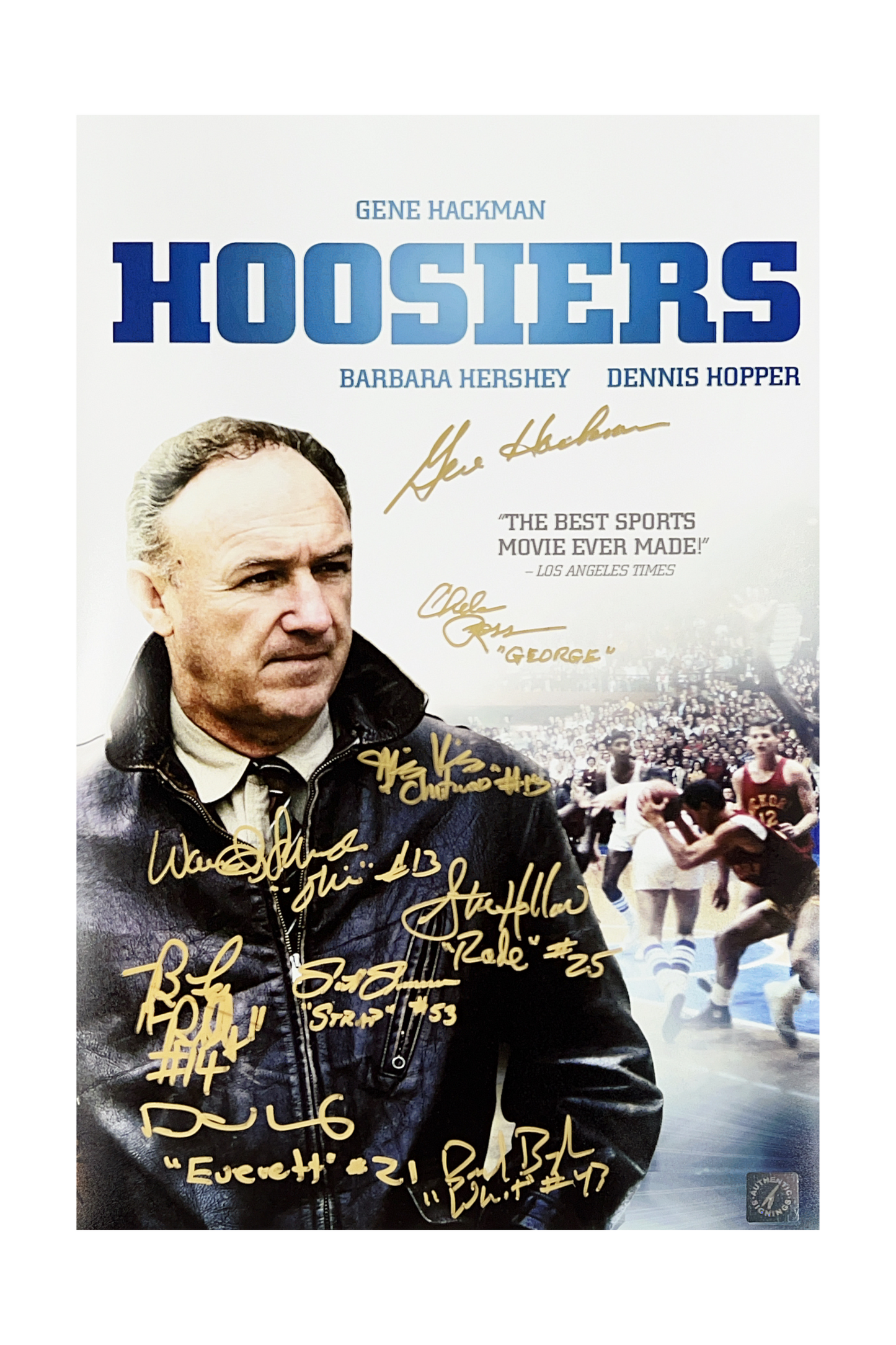 Gene Hackman, Chelcie Ross, Maris Valainis, Steve Hollar, Wade Schenck, David Neidorf, Brad Boyle, Brad Long & Scott Summers Autographed Hoosiers Cast 11x17 ASI