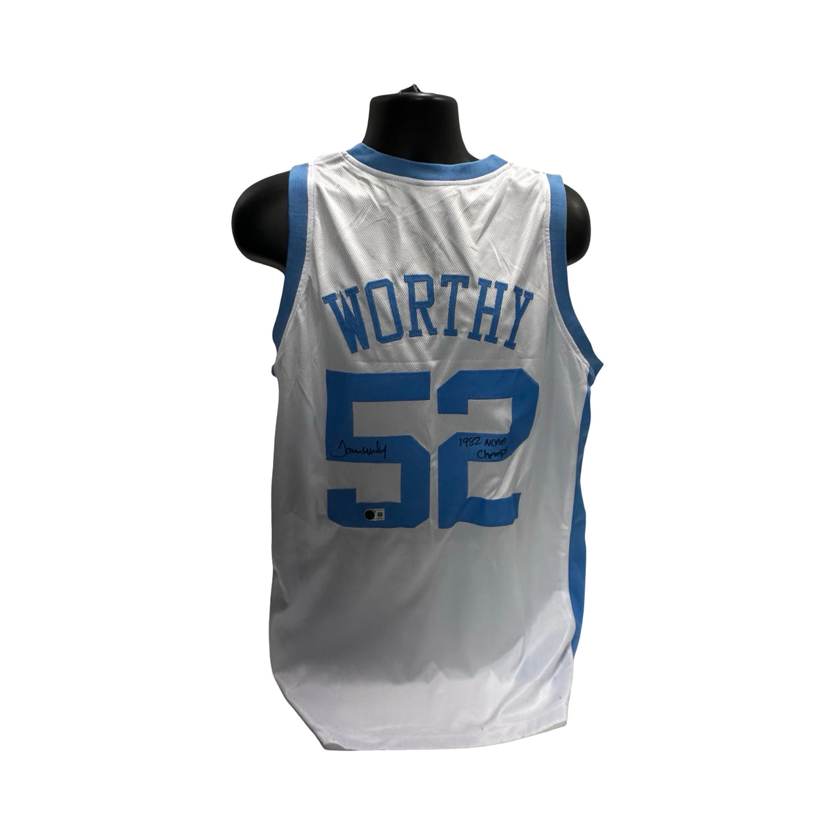 James Worthy Autographed & Inscribed North Carolina White and Light Blue Jersey BAS