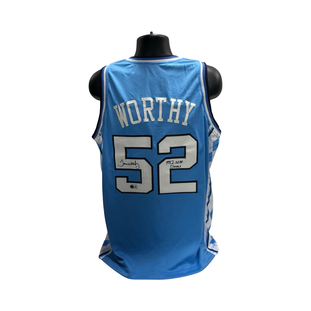 James Worthy Autographed & Inscribed North Carolina Light Blue and Navy Jersey BAS