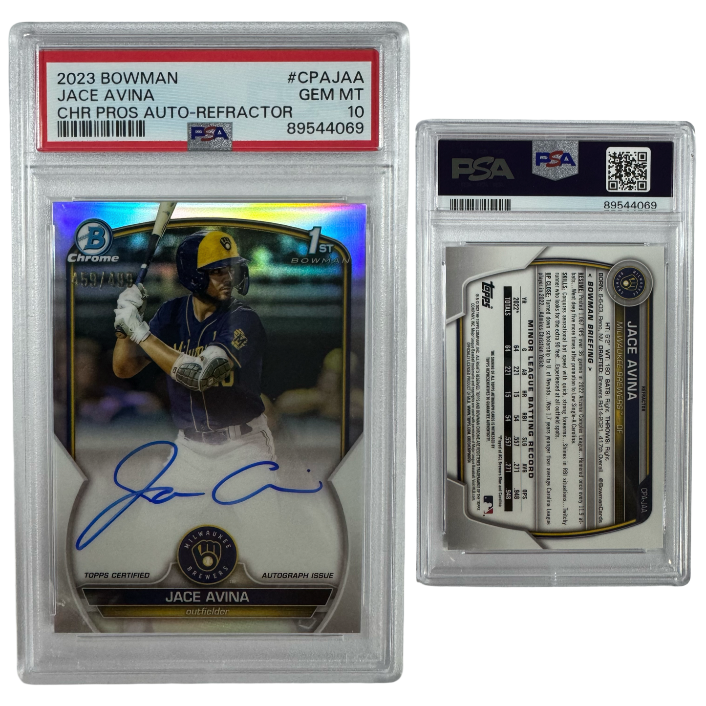 2023 Jace Avina Autographed Bowman Chrome Prospects Refractor /499 #CPAJAA PSA GEM MT 10