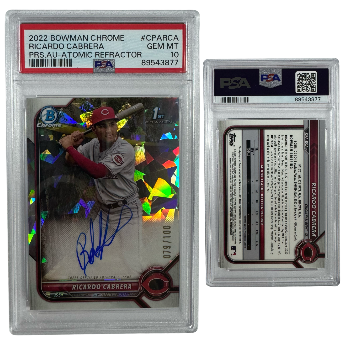 2022 Ricardo Cabrera Autographed Bowman Chrome Prospects Atomic Refractor /100 #CPARCA PSA GEM MT 10