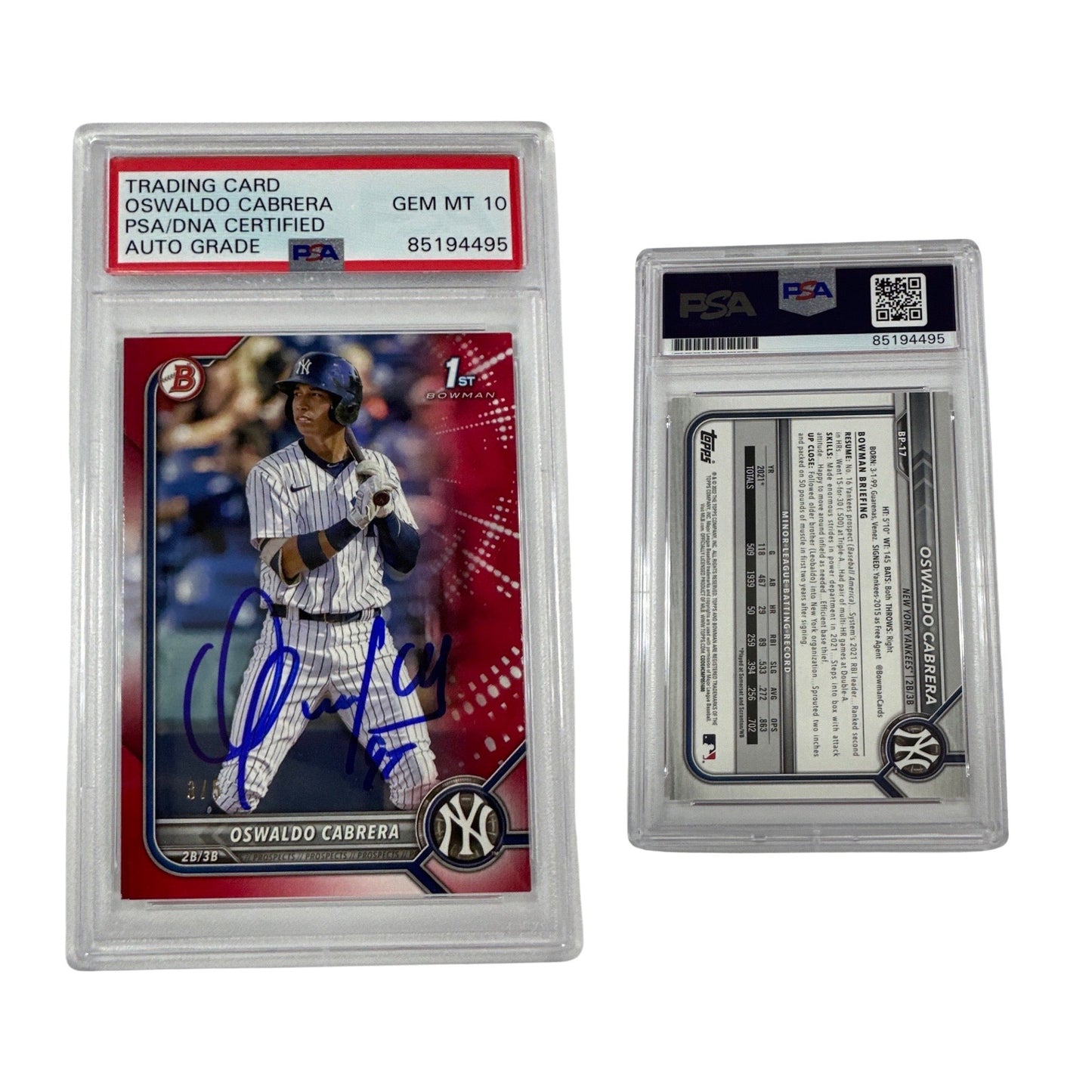 2022 Oswaldo Cabrera Bowman 1st Auto Red /5 #BP-17 PSA GEM MT 10