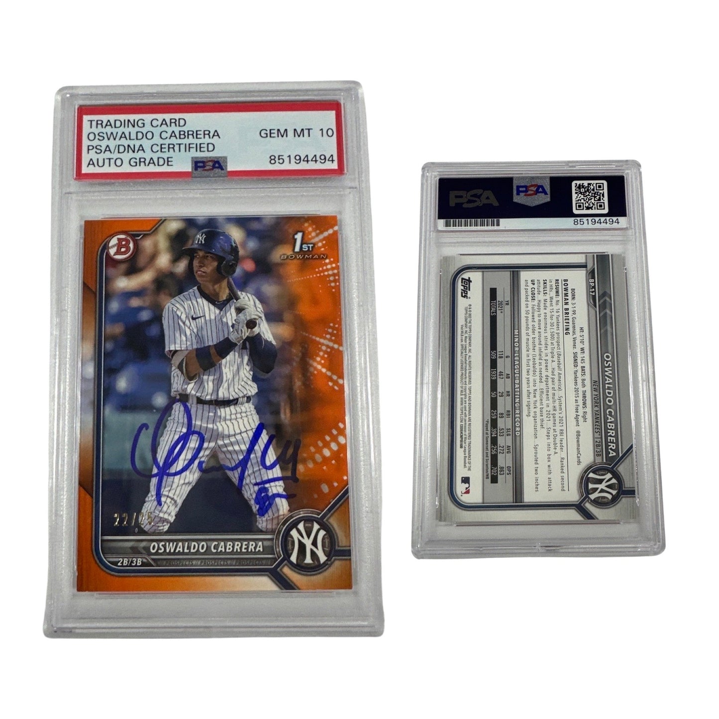 2022 Oswaldo Cabrera Bowman 1st Auto Orange /25 #BP-17 PSA GEM MT 10