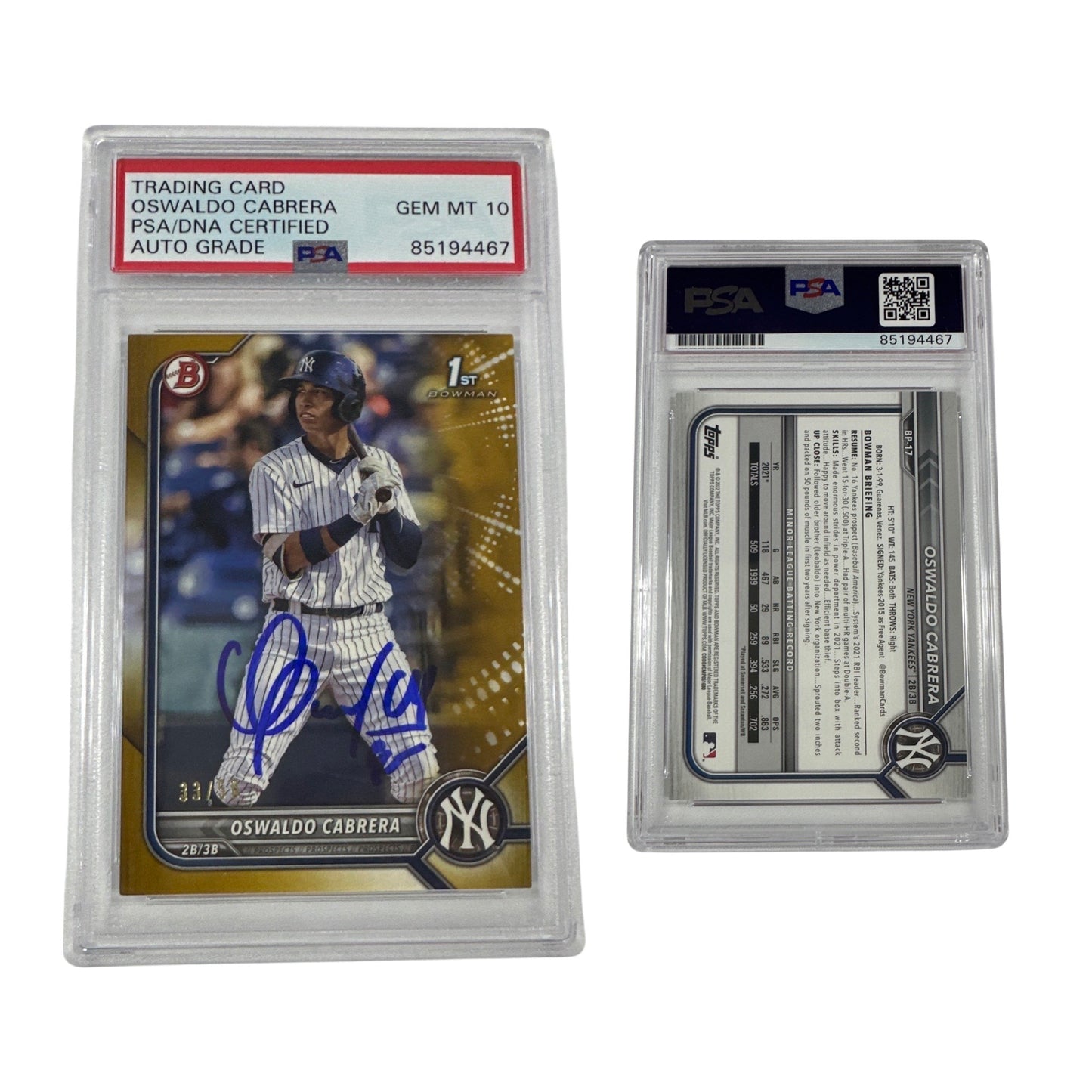 2022 Oswaldo Cabrera Bowman 1st Auto Gold /50 #BP-17 PSA GEM MT 10