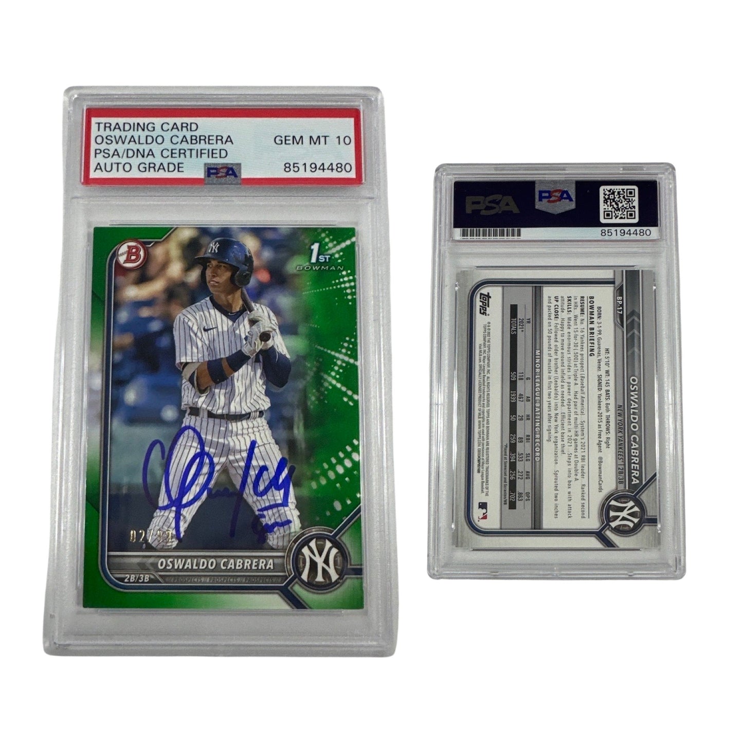 2022 Oswaldo Cabrera Bowman 1st Auto Green /99 #BP-17 PSA GEM MT 10