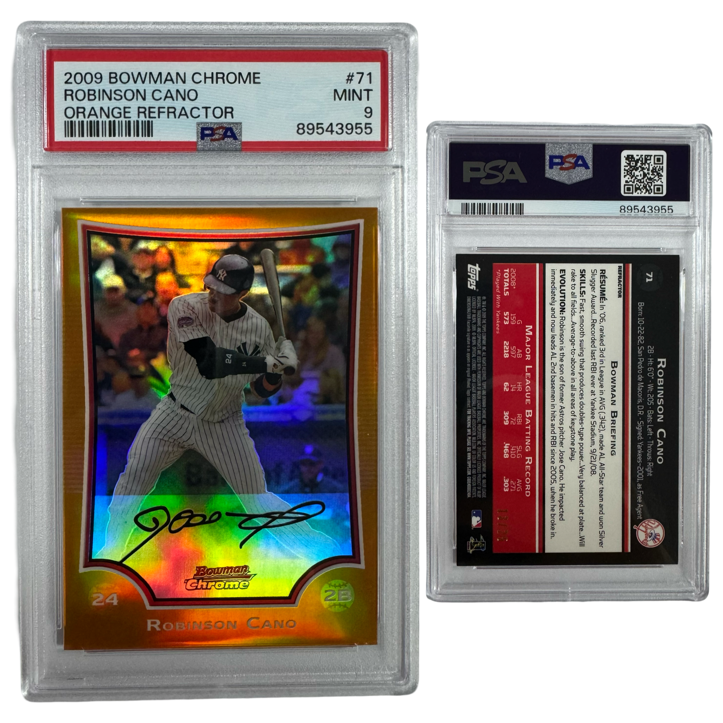 2009 Robinson Cano Autographed Bowman Chrome Orange Refractor /25 #71 PSA MINT 9