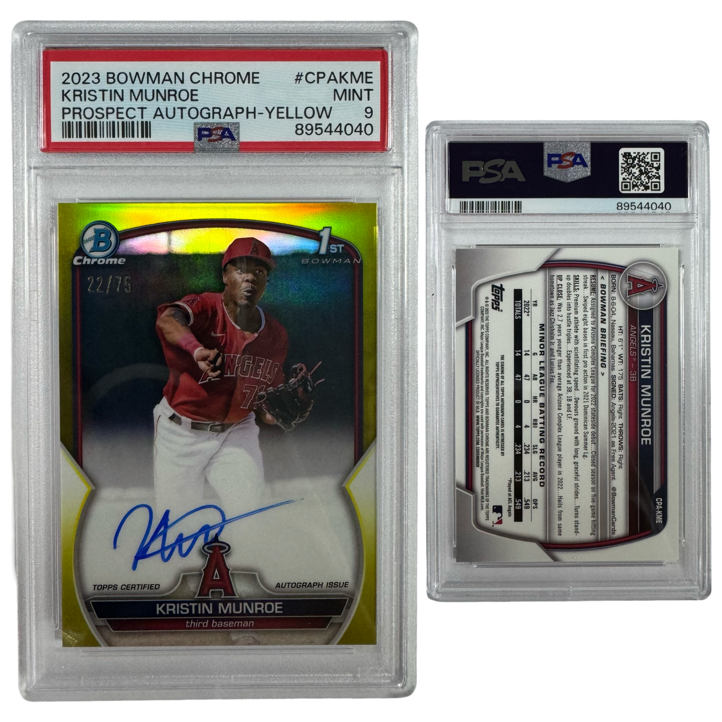 2023 Kristin Munroe Autographed Bowman Chrome Prospects Yellow Refractor /75 #CPAKME PSA MINT 9