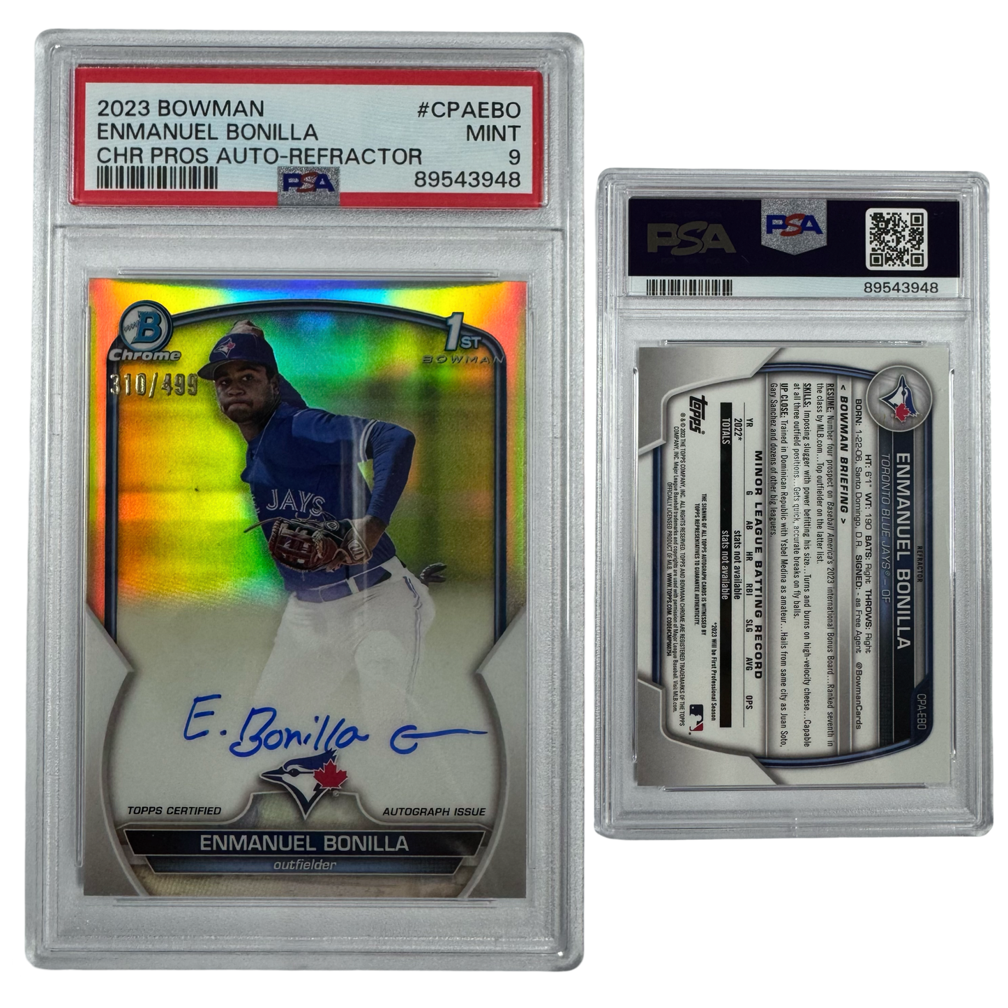 2023 Enmanuel Bonilla Autographed Bowman Chrome Prospects Refractor /499 #CPAEBO PSA MINT 9