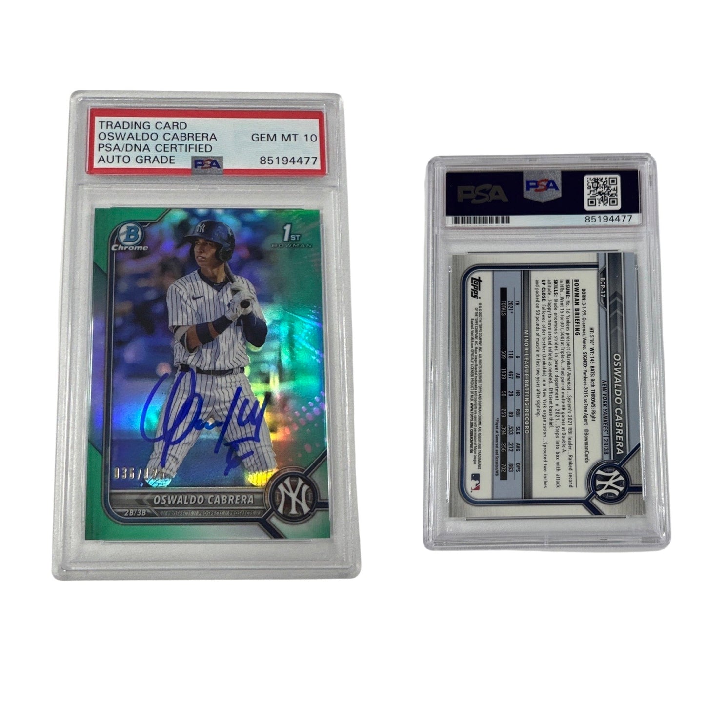 2022 Oswaldo Cabrera Bowman Chrome 1st Auto Aqua /125 BCP-17 PSA GEM MT 10