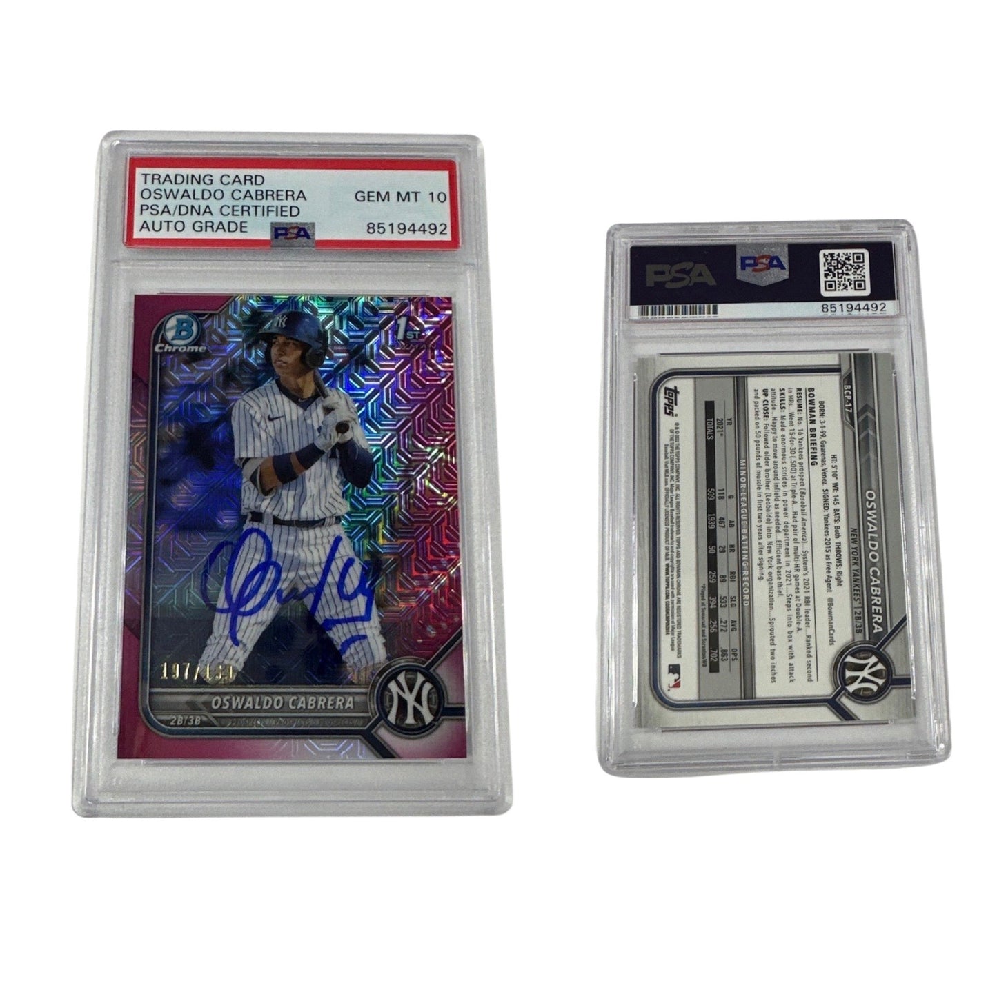 2022 Oswaldo Cabrera Bowman Chrome 1st Auto Pink Mojo /199 BCP-17 PSA GEM MT 10