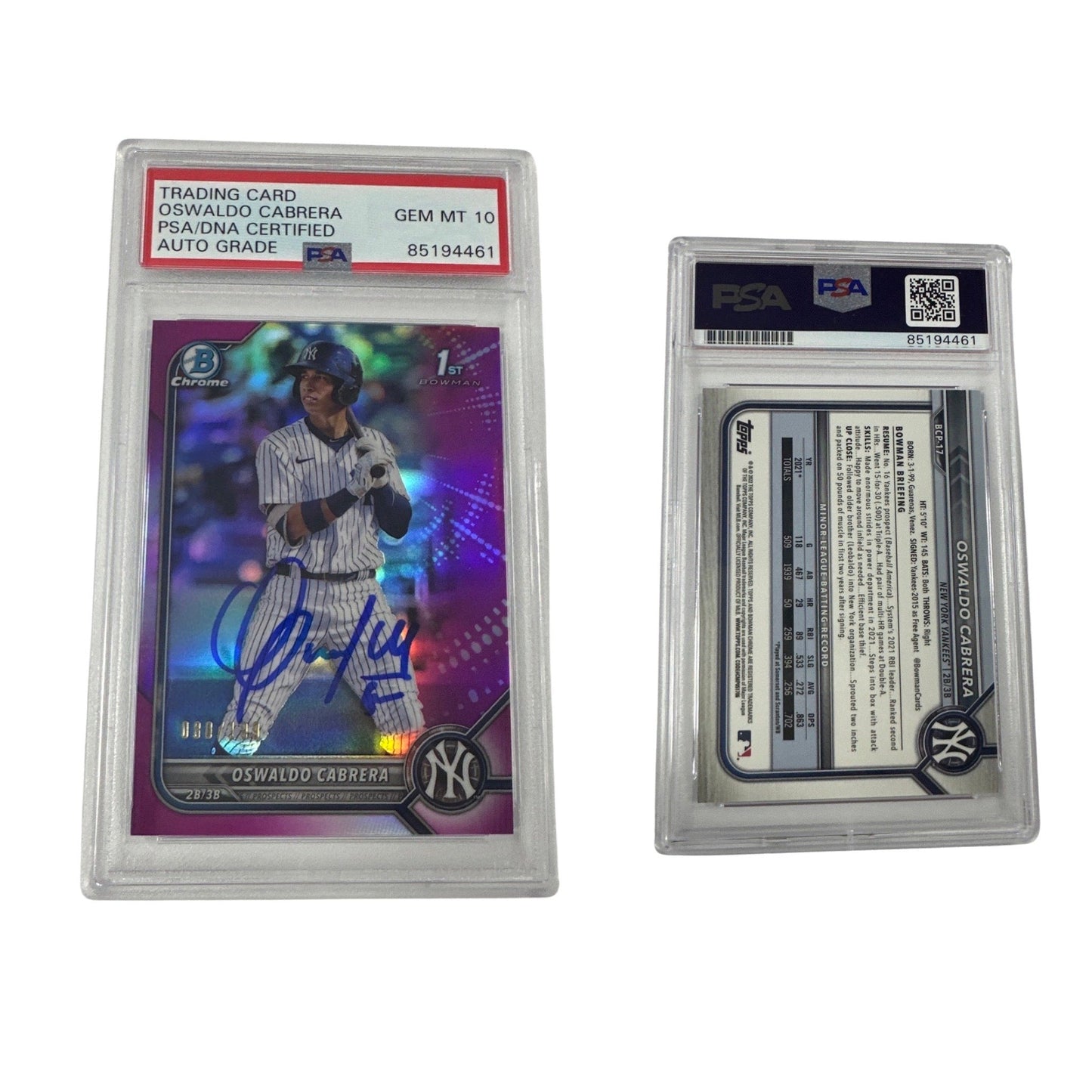 2022 Oswaldo Cabrera Bowman Chrome 1st Auto Fuchsia Refractor /199 BCP-17 PSA GEM MT 10