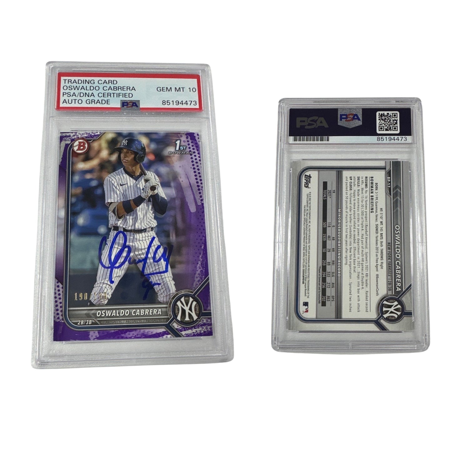 2022 Oswaldo Cabrera Bowman 1st Auto Purple Pattern /199 BP-17 PSA GEM MT 10