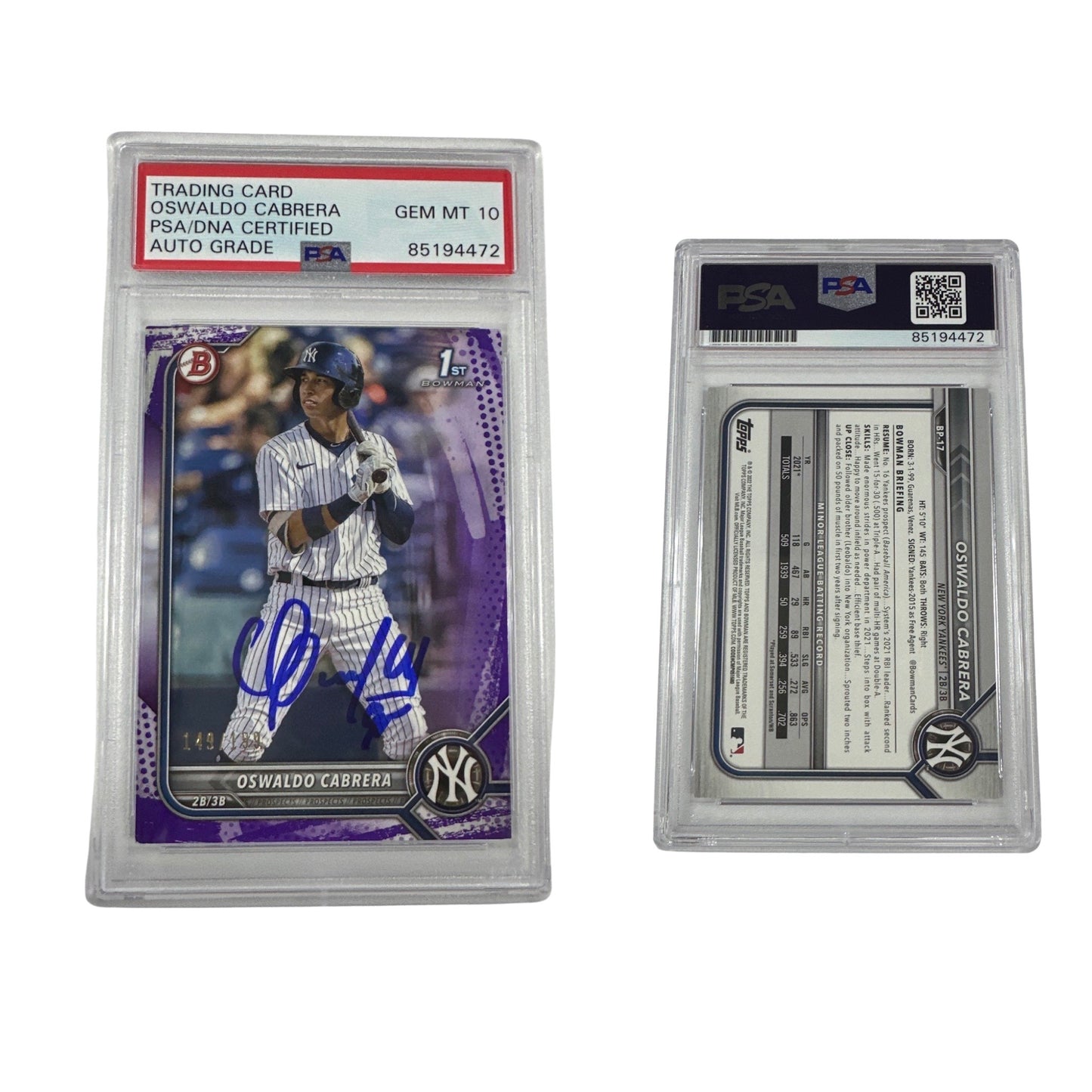 2022 Oswaldo Cabrera Bowman 1st Auto Purple Pattern /199 BP-17 PSA GEM MT 10