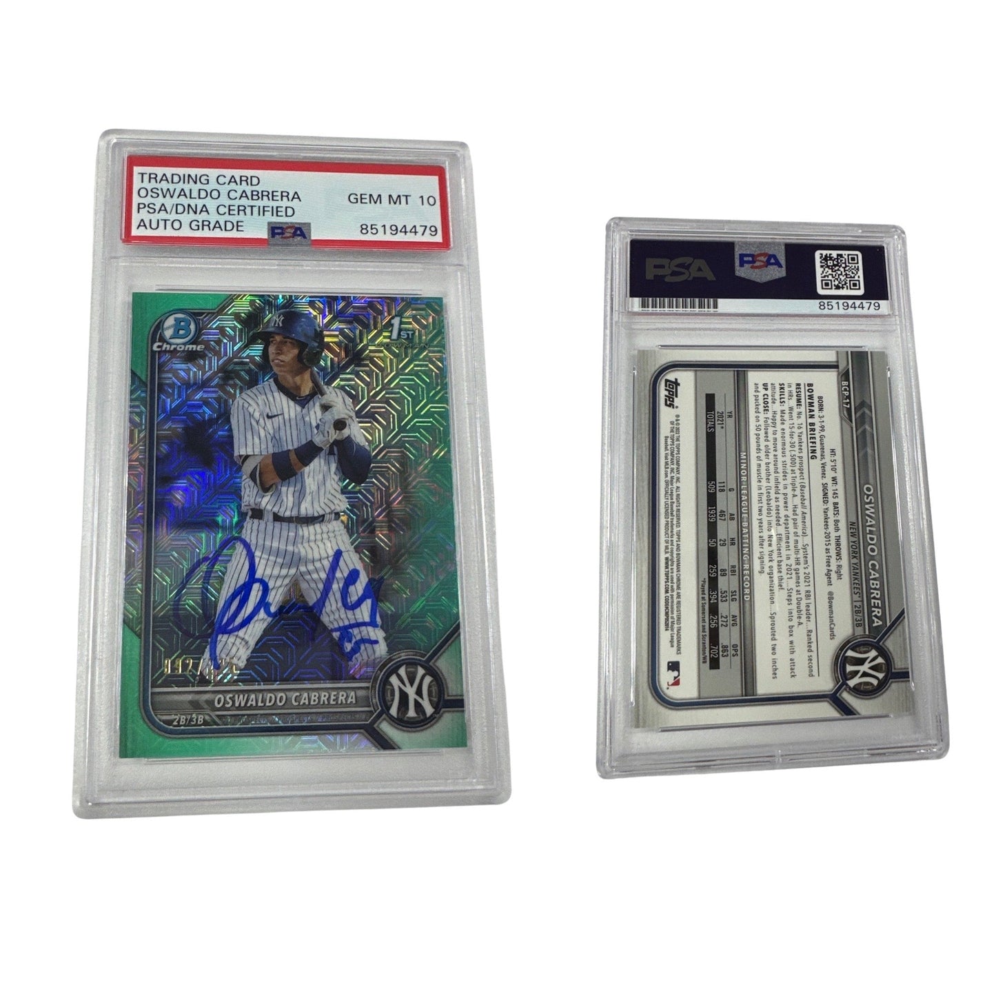 2022 Oswaldo Cabrera Bowman Chrome 1st Auto Aqua Mojo /225 BCP-17 PSA GEM MT 10