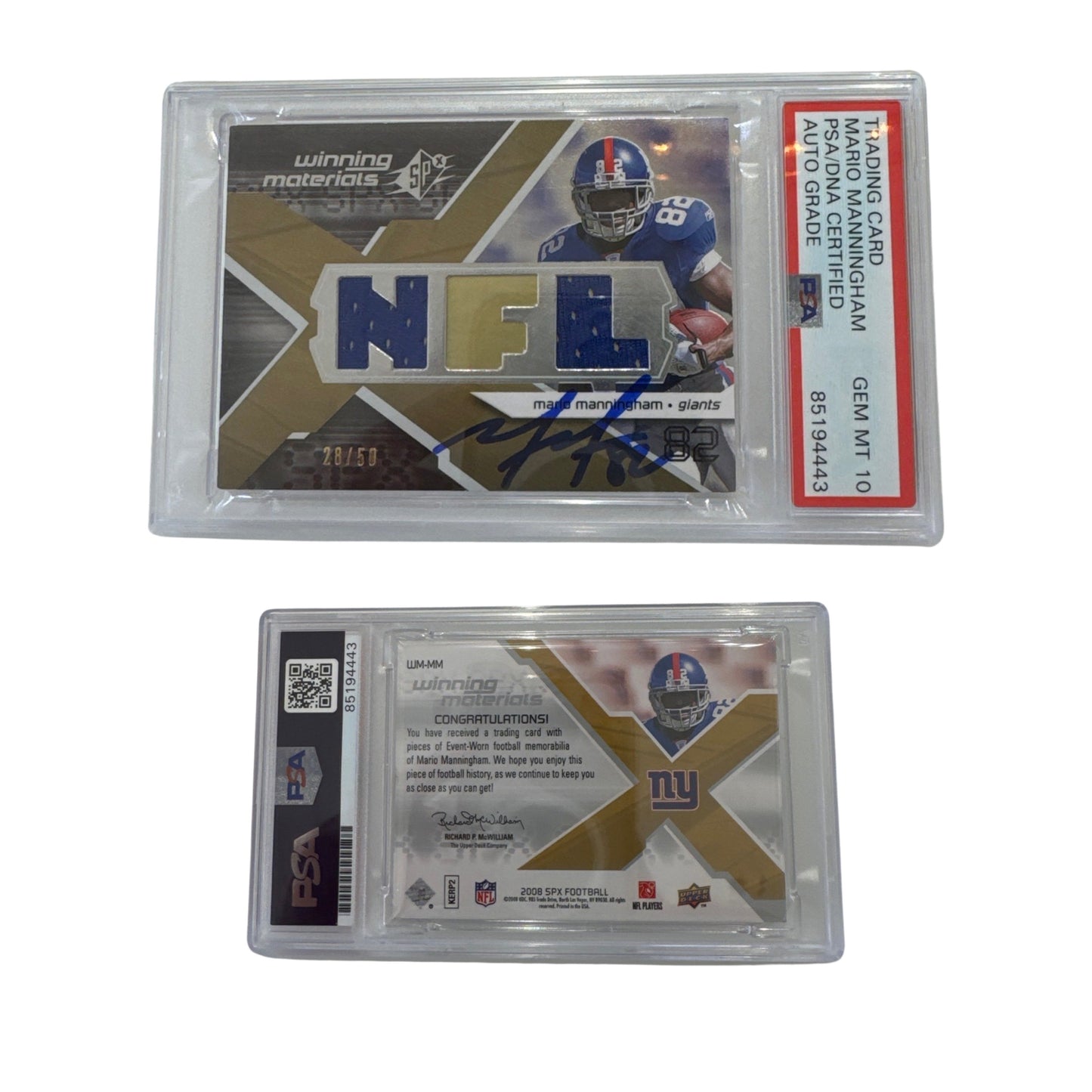 2008 Mario Manningham Autographed Upper Deck SPX Rookie Relic Winning Materials /50 #WMMM PSA Auto GEM MT 10