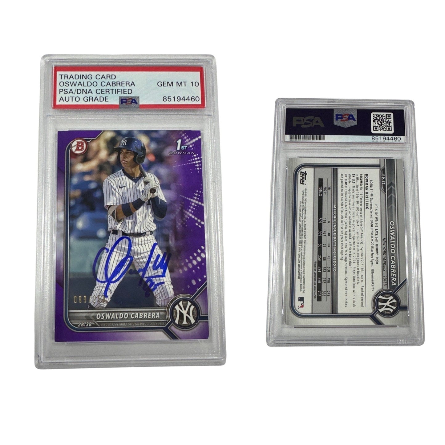 2022 Oswaldo Cabrera Bowman 1st Auto Purple /250 BP-17 PSA GEM MT 10